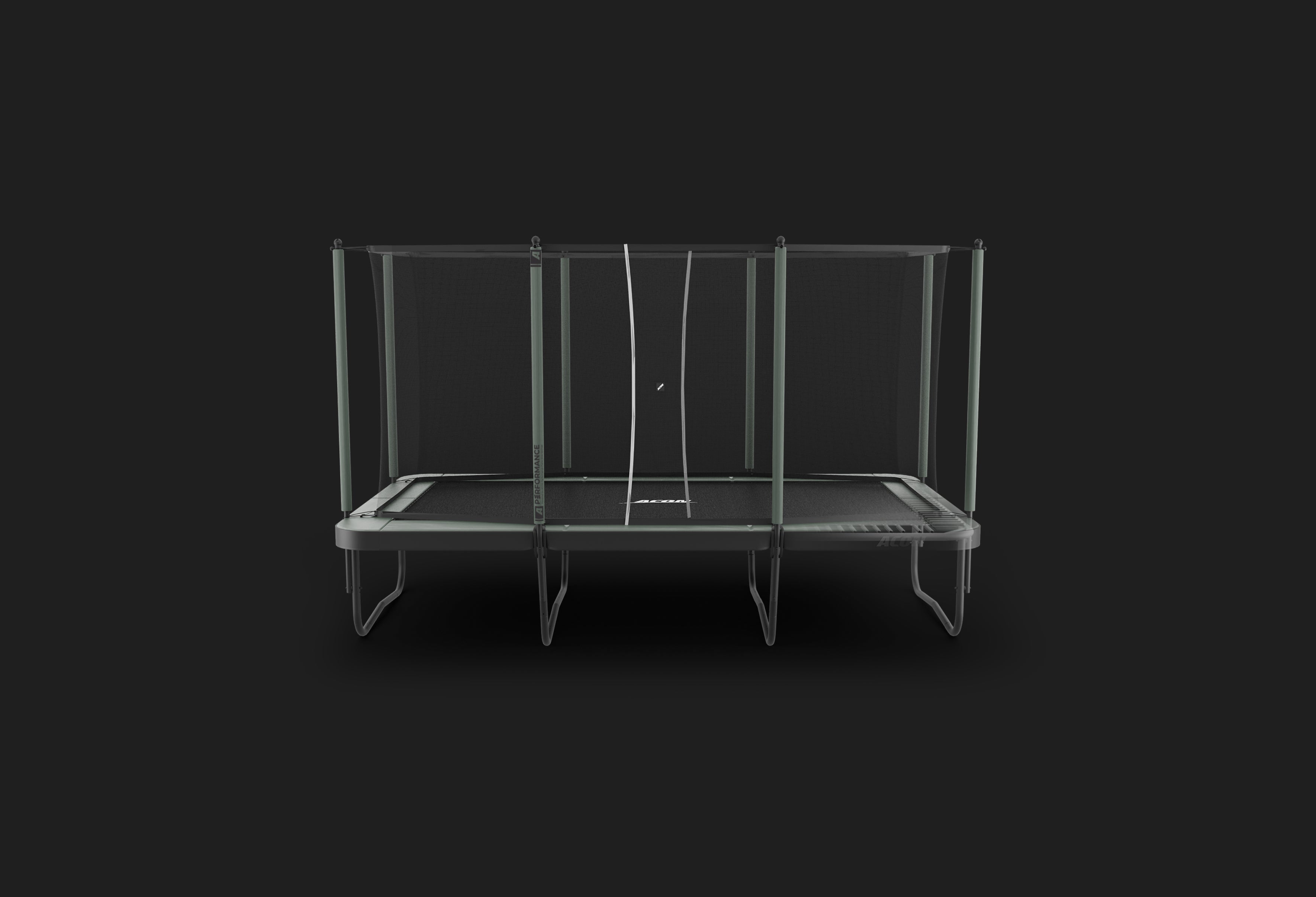 Rectangular Acon trampoline 16 Sport HD with safety net on a black background