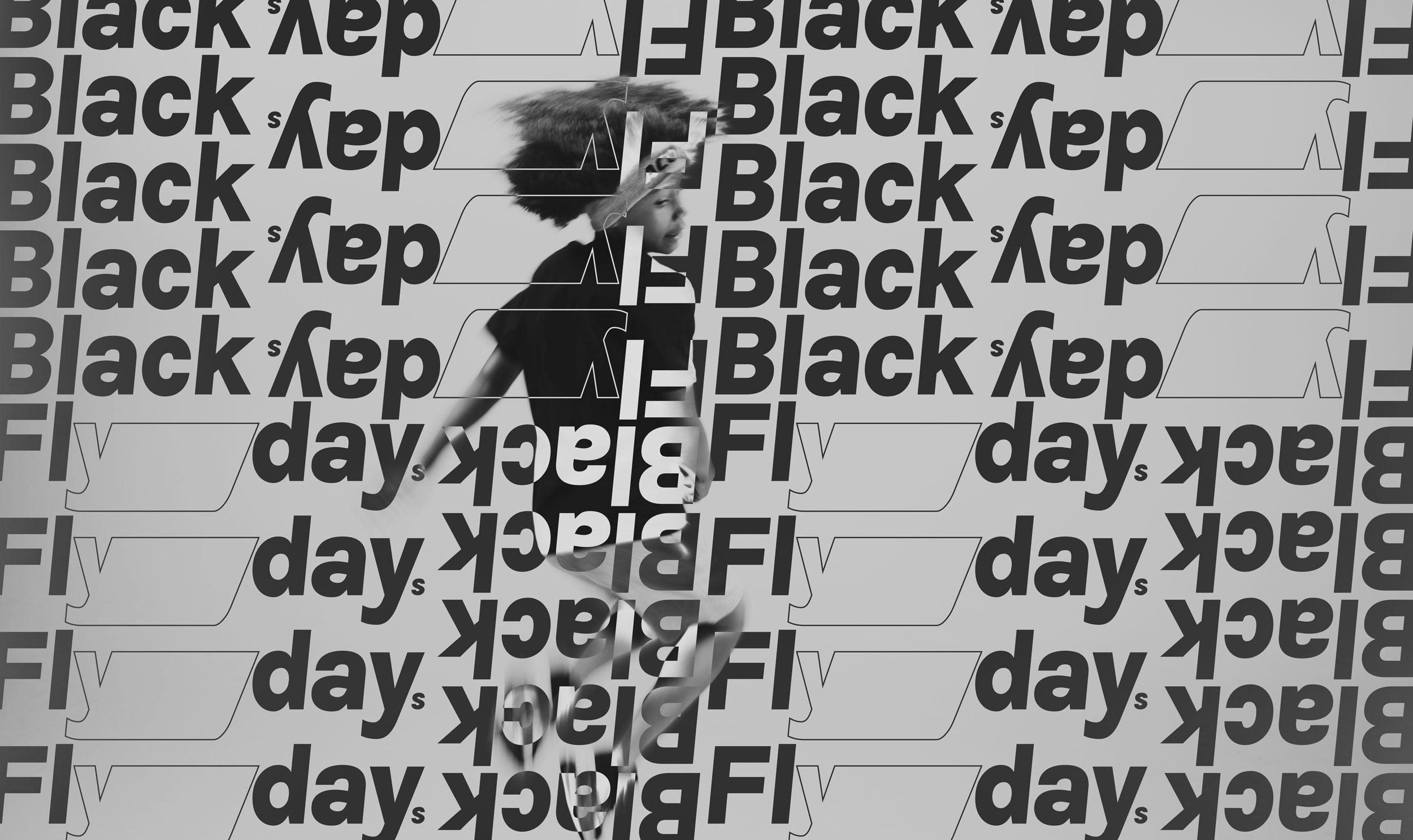 Acon black friday - boy jumping, multiple Black Flyday texts.