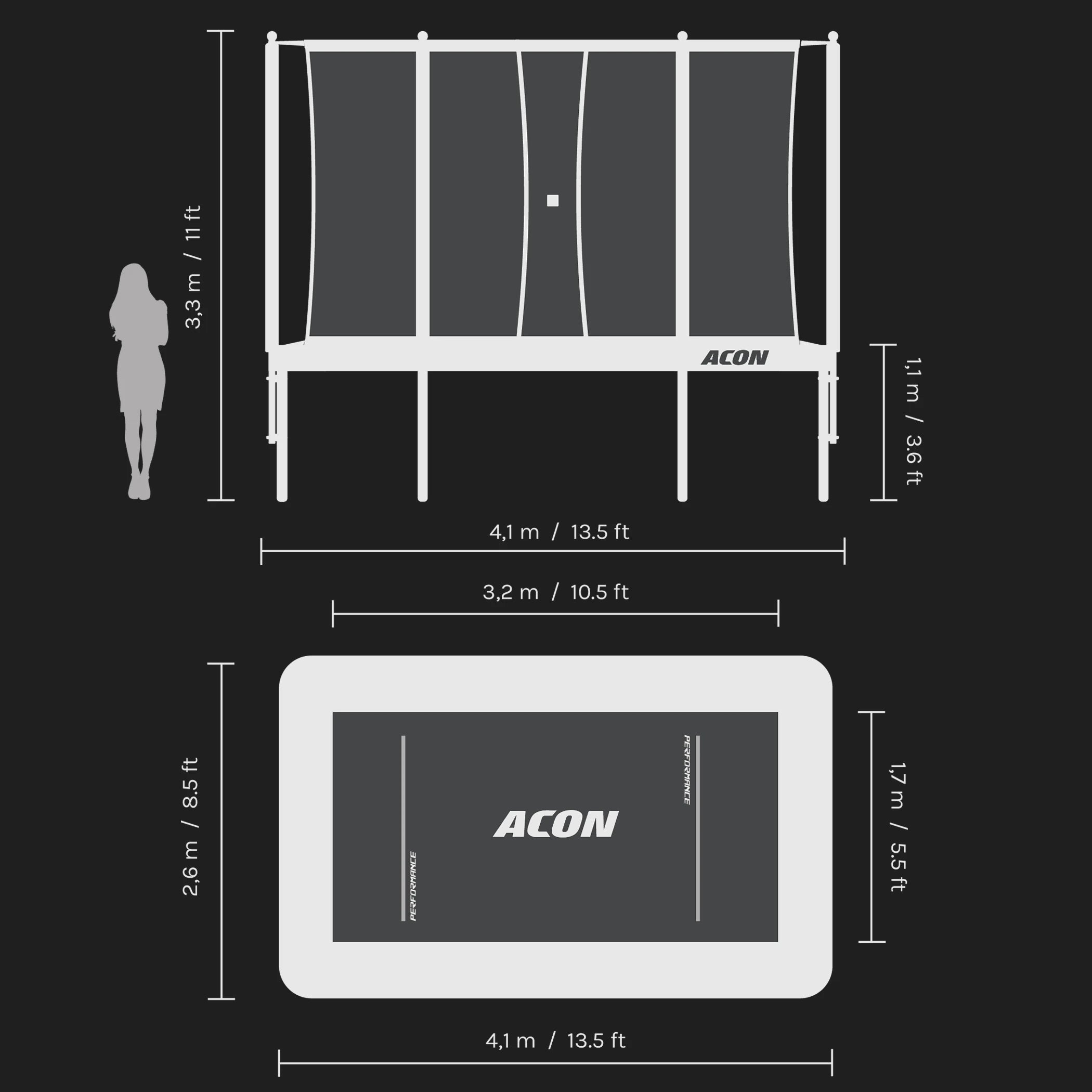 Illustrative drawings of the dimensions of the Acon 13 HD PRO trampoline.