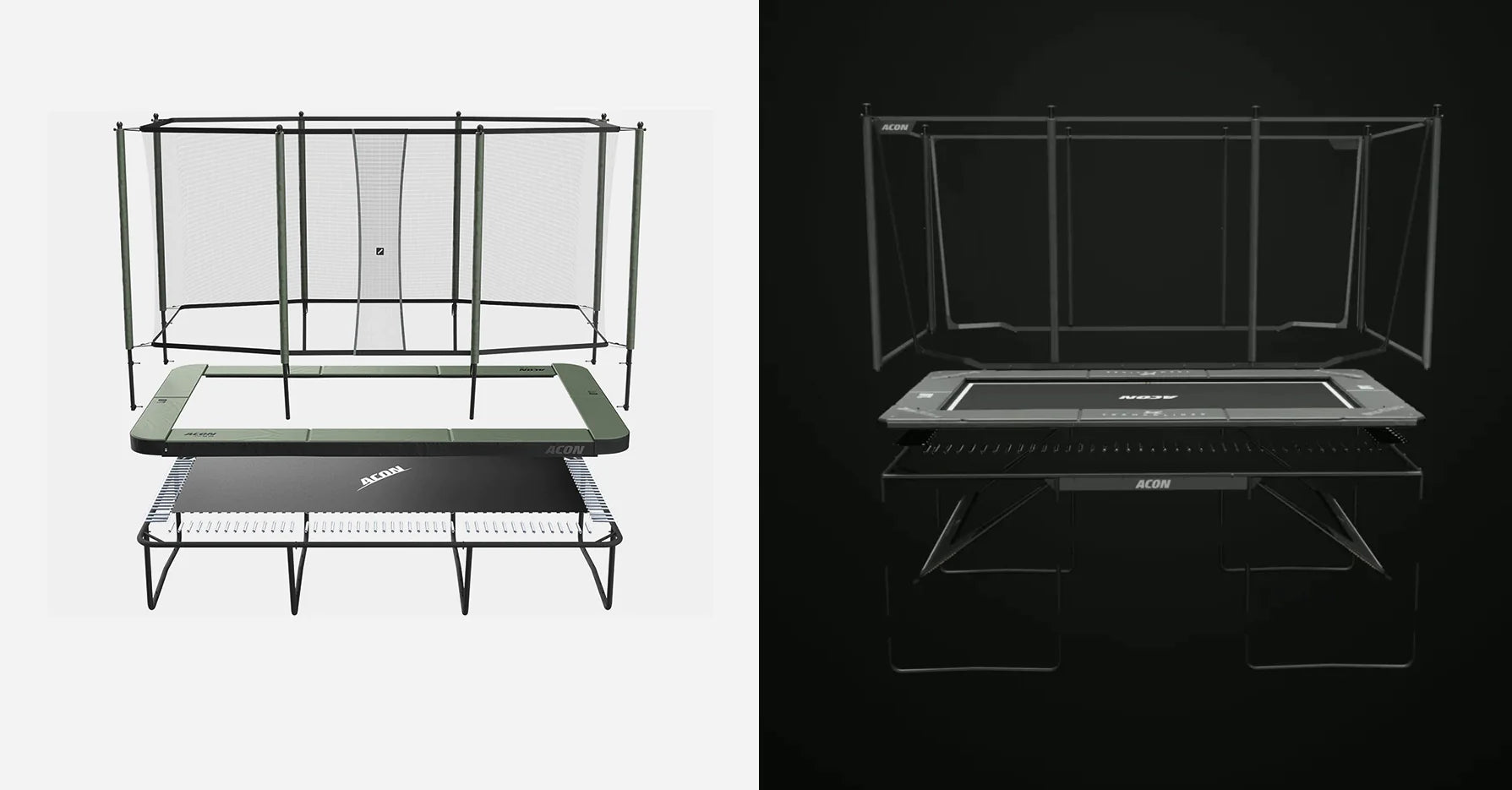 Exploded view images of Acon 16 HD and Acon X 17ft Trampolines.