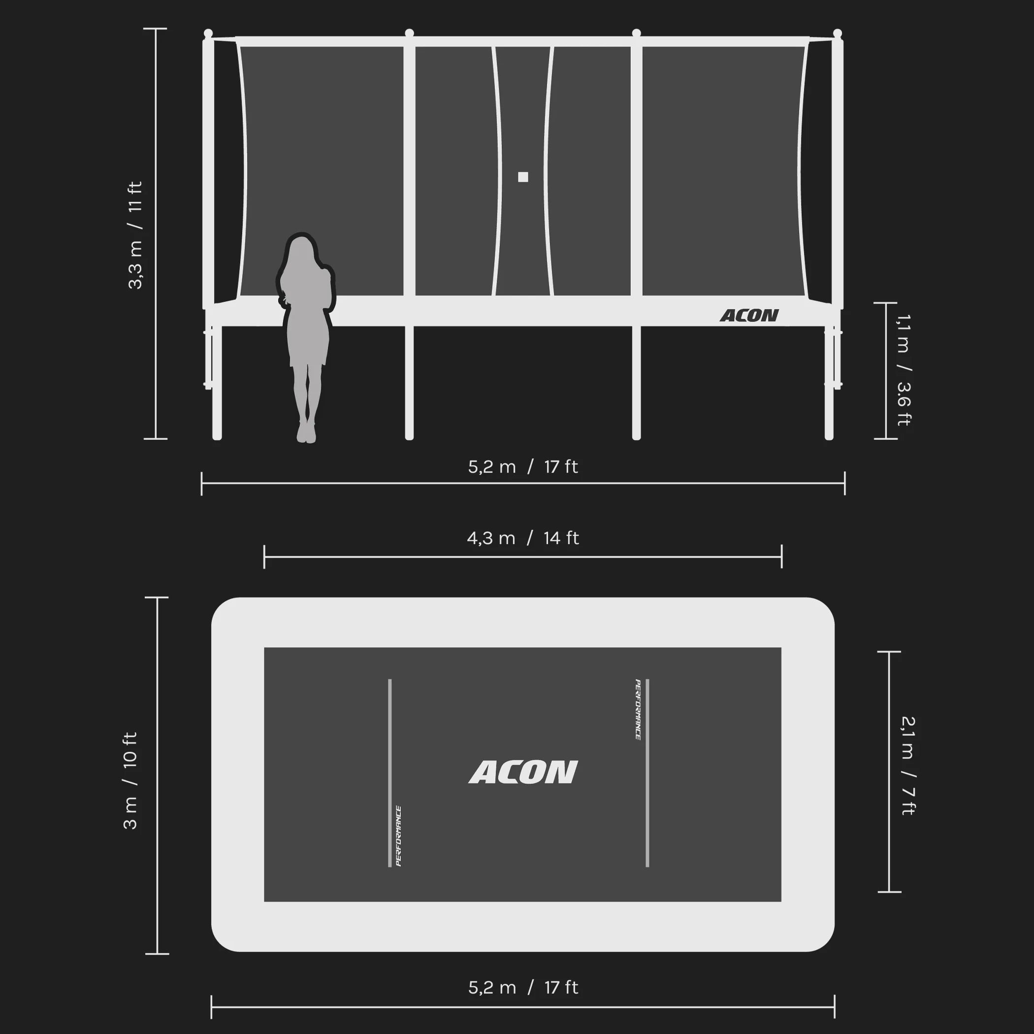 Observation drawings of the Acon 16 HD PRO trampoline dimensions.