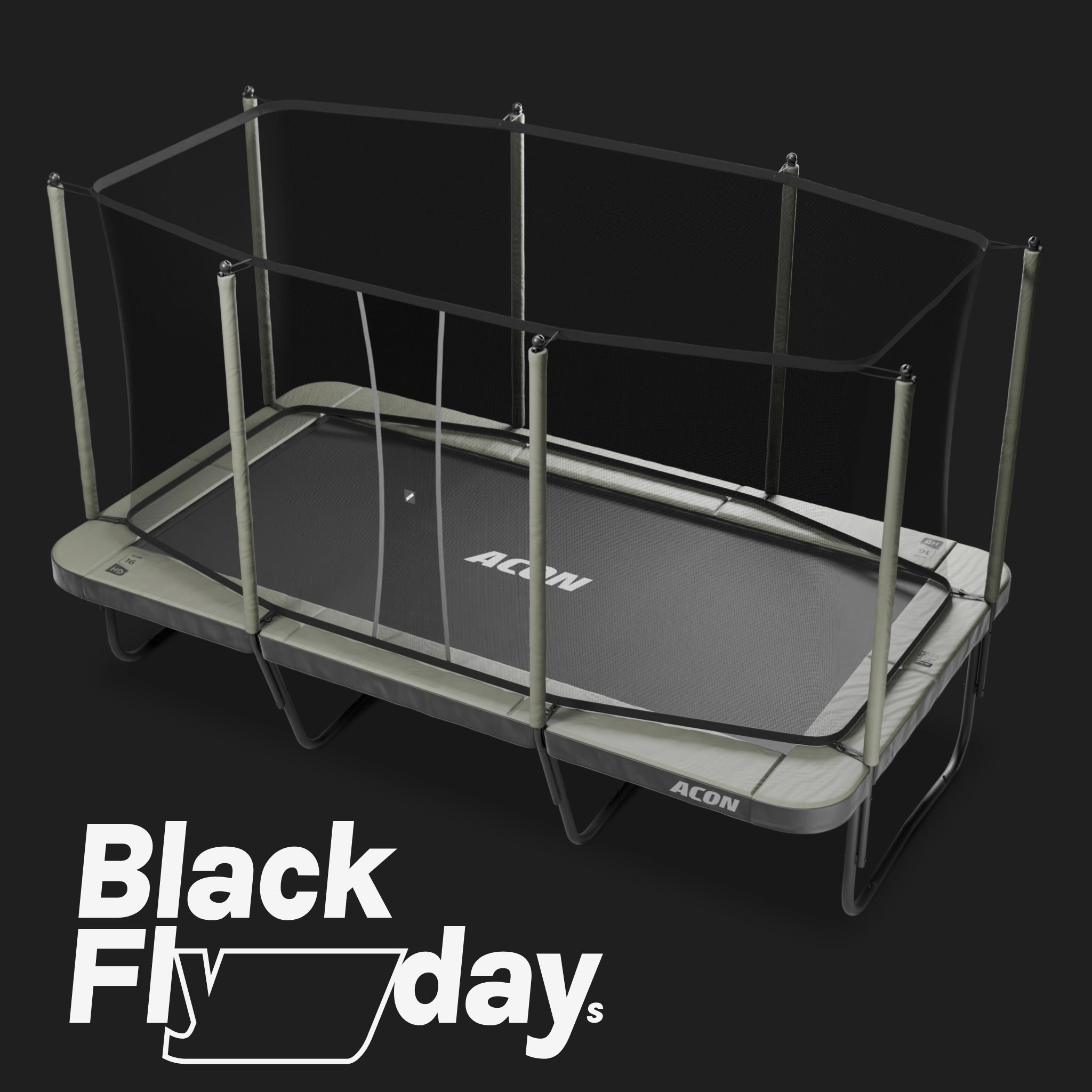 Black Flydays 2025 giveaway - Acon 16 HD rectangular trampoline with Safety Net.