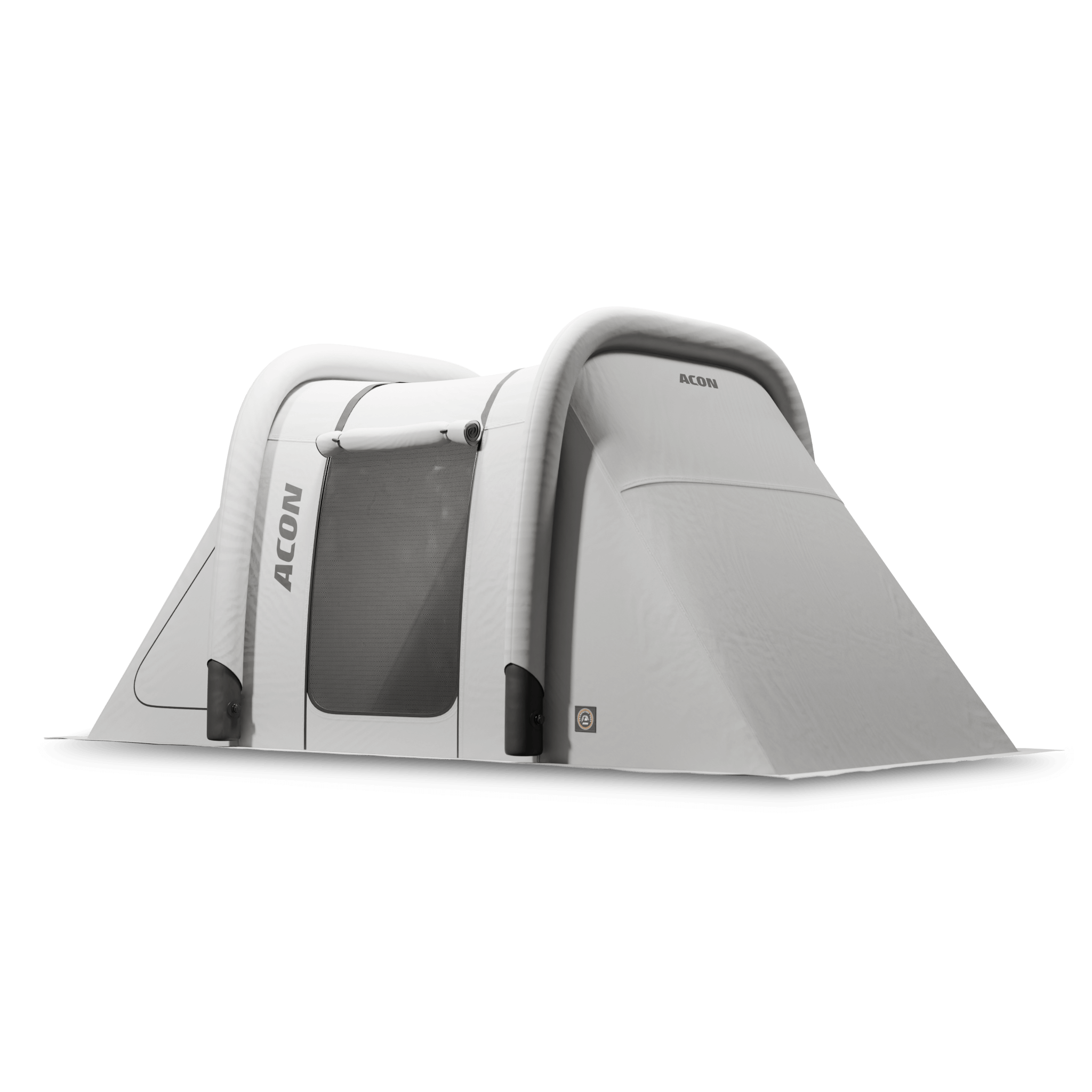 White and grey trampoline tent for rectangular trampoline, featuring inflatable frame and transparent mesh netting, designed for outdoor use.