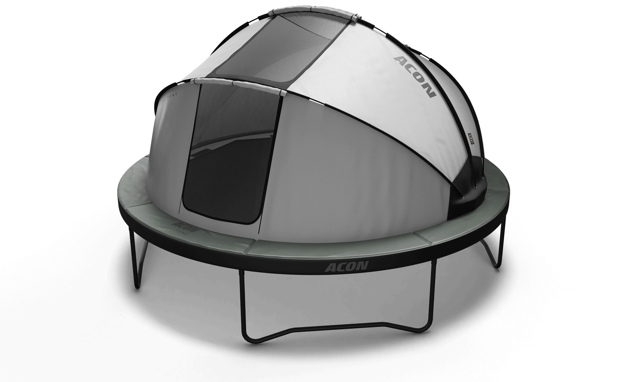 Acon Tent doors open on a round Acon Trampoline.