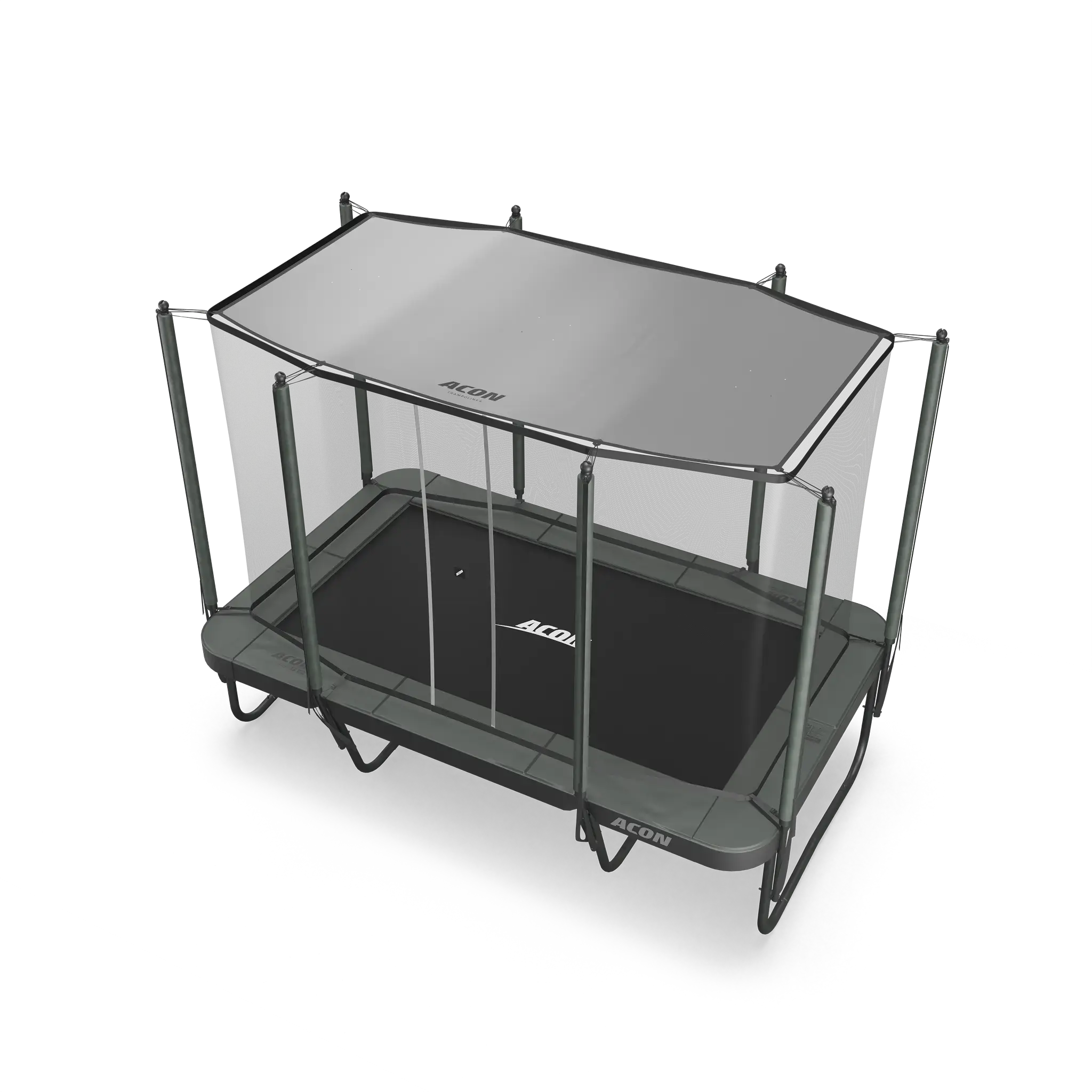 Acon rectangular trampoline with a sun shade.