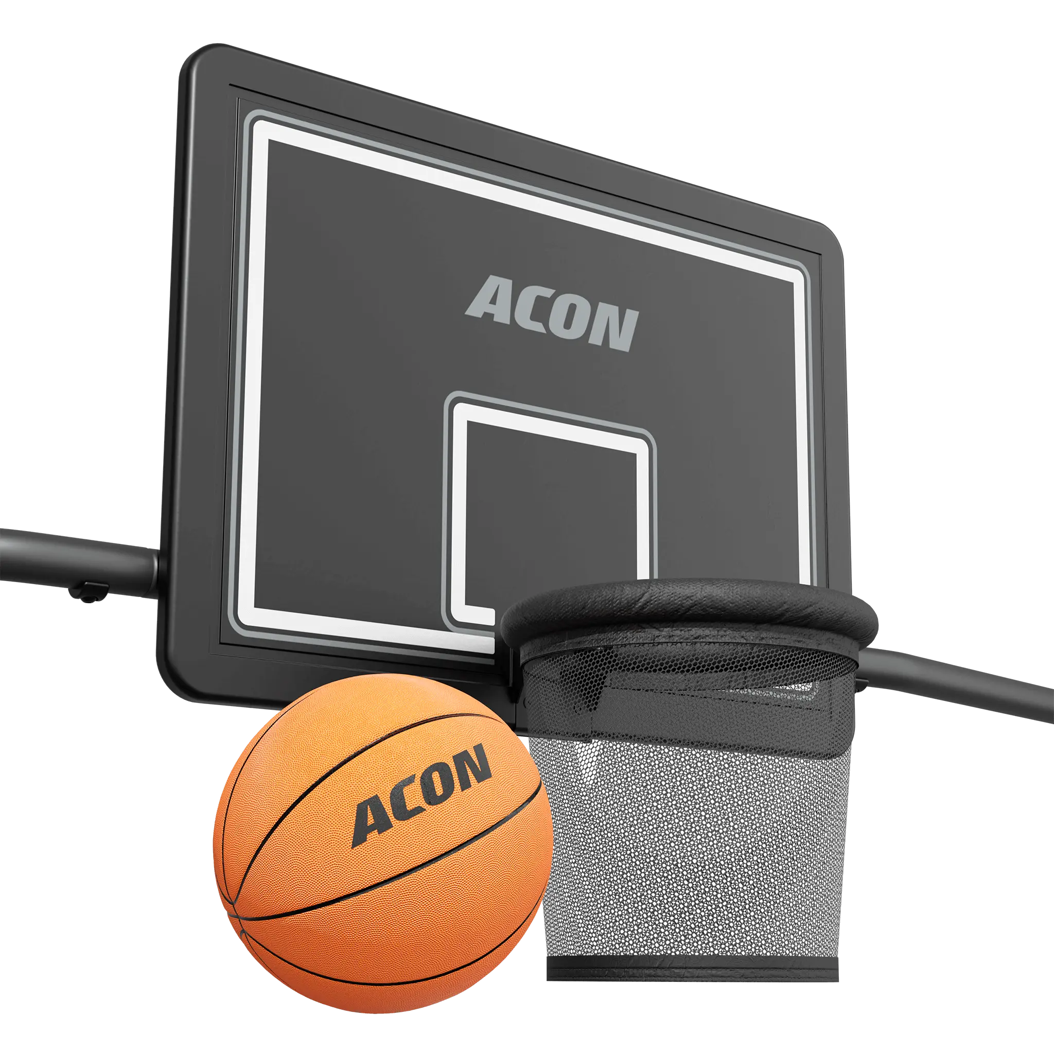 Close-up of the Acon X Trampoline Basketball Hoop and basketball.