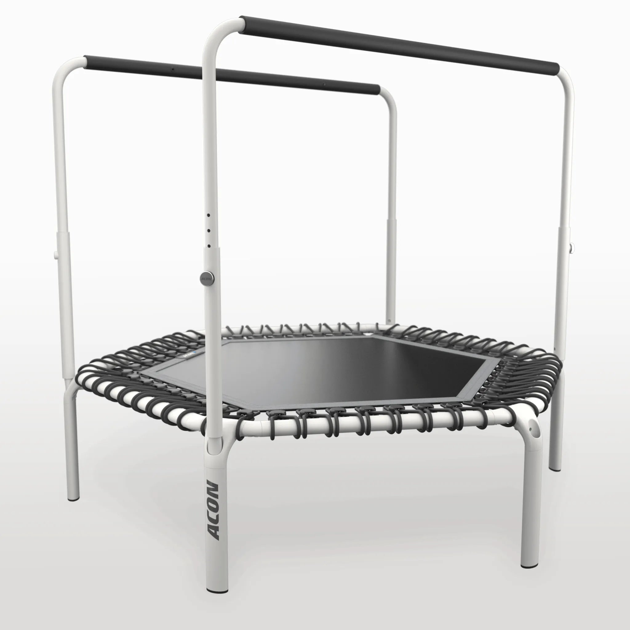 ACON Fit 1,41m Hexagon Rebounder Fitness Trampoline with Balance Handlebar in white, studio product photo with two handlebars.