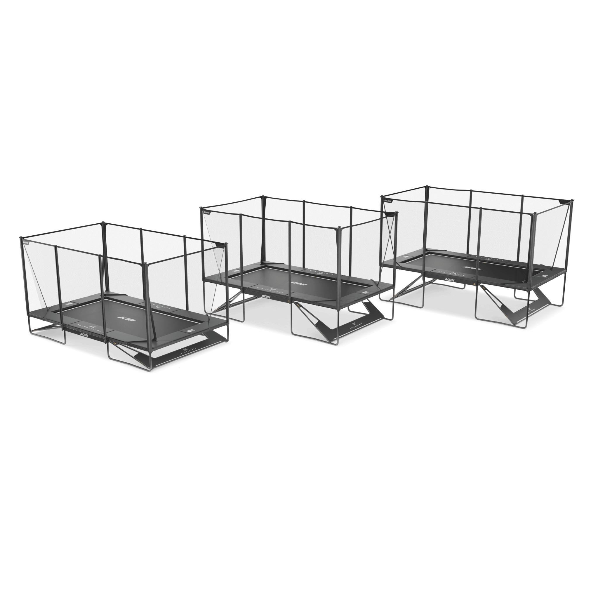 Three Acon X Trampolines installed to different heights with the Height Kit, seen from above.