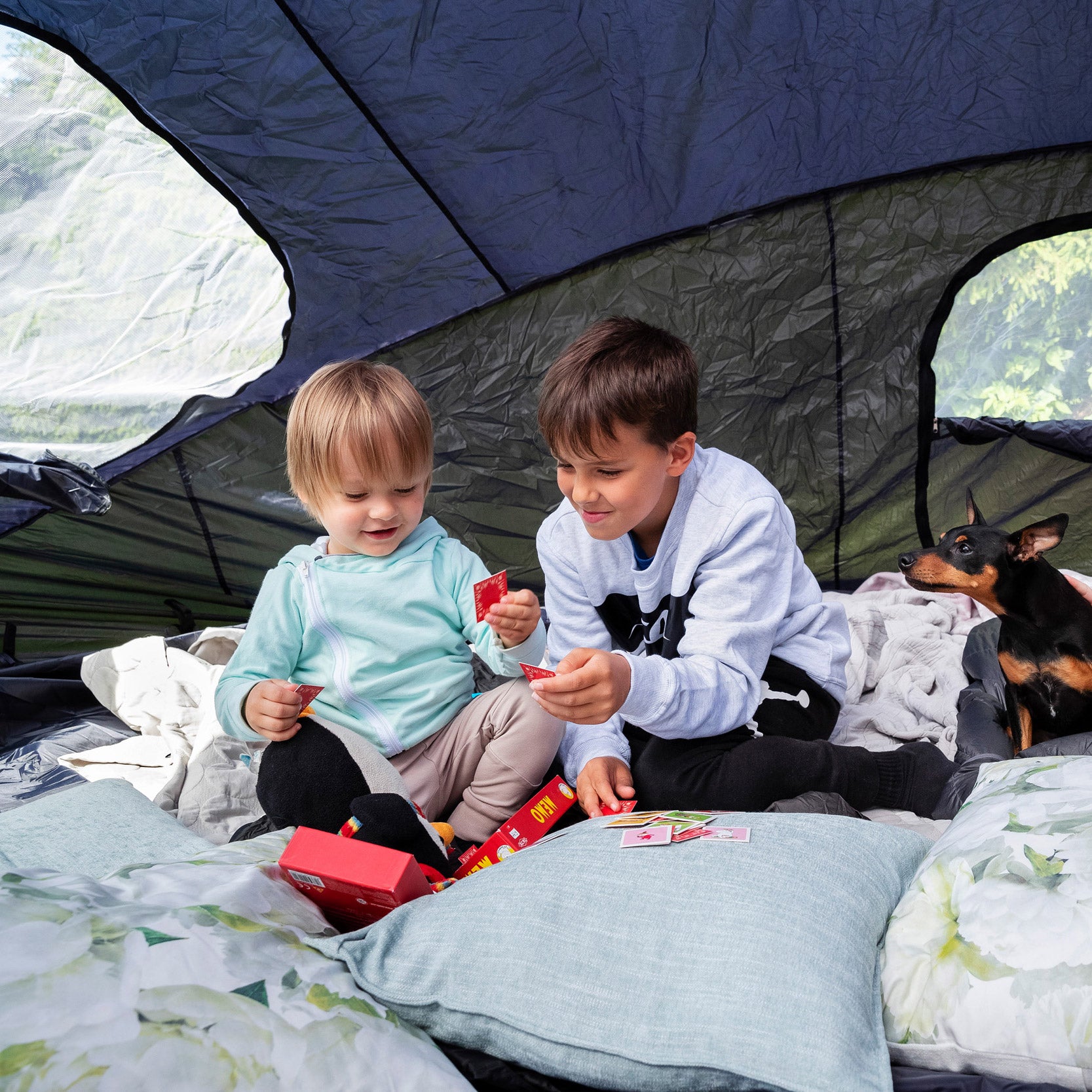 Kids playing card in a trampoline tent, a dog watching.