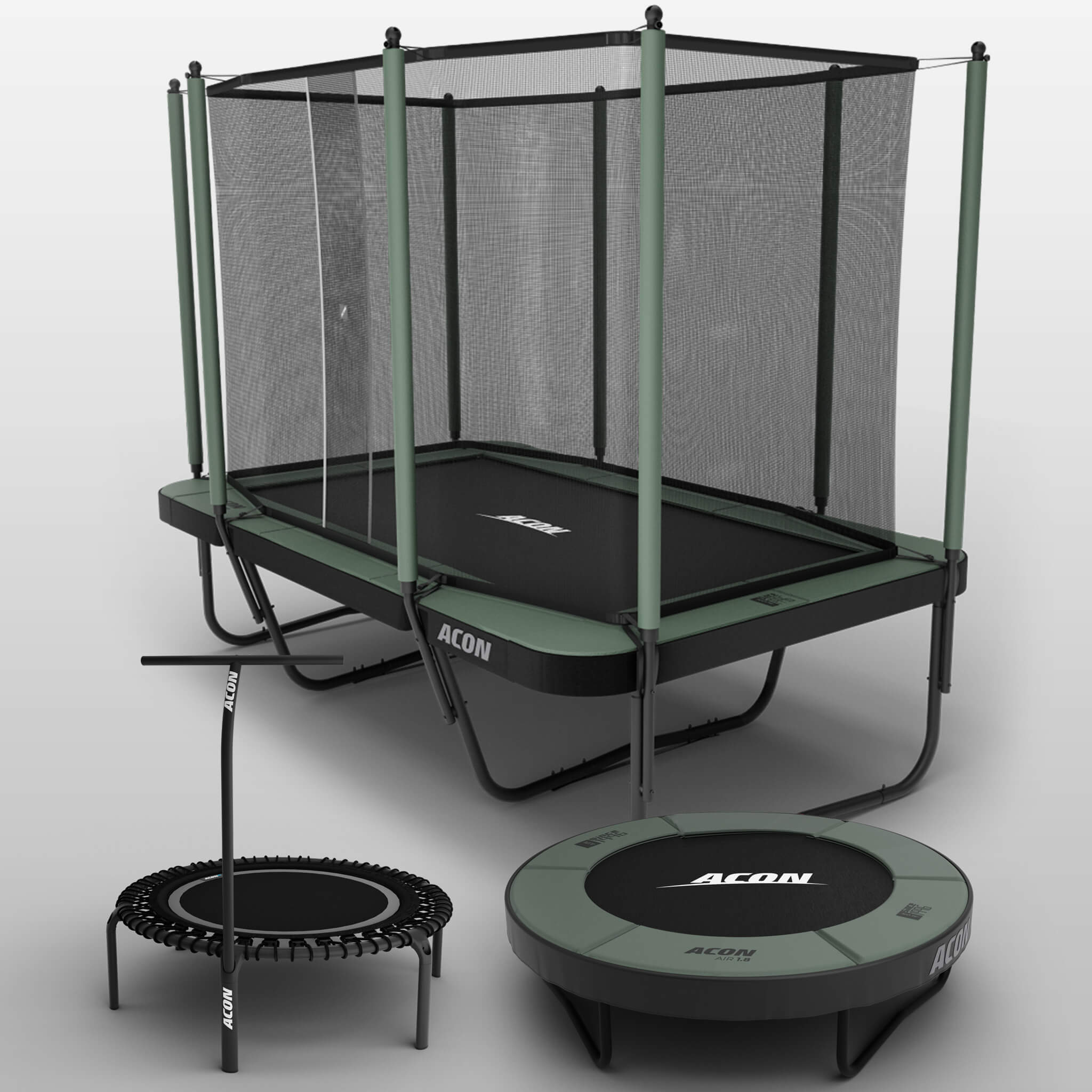 Rectangular trampoline, round mini trampoline and a round rebounder with a handlebar.