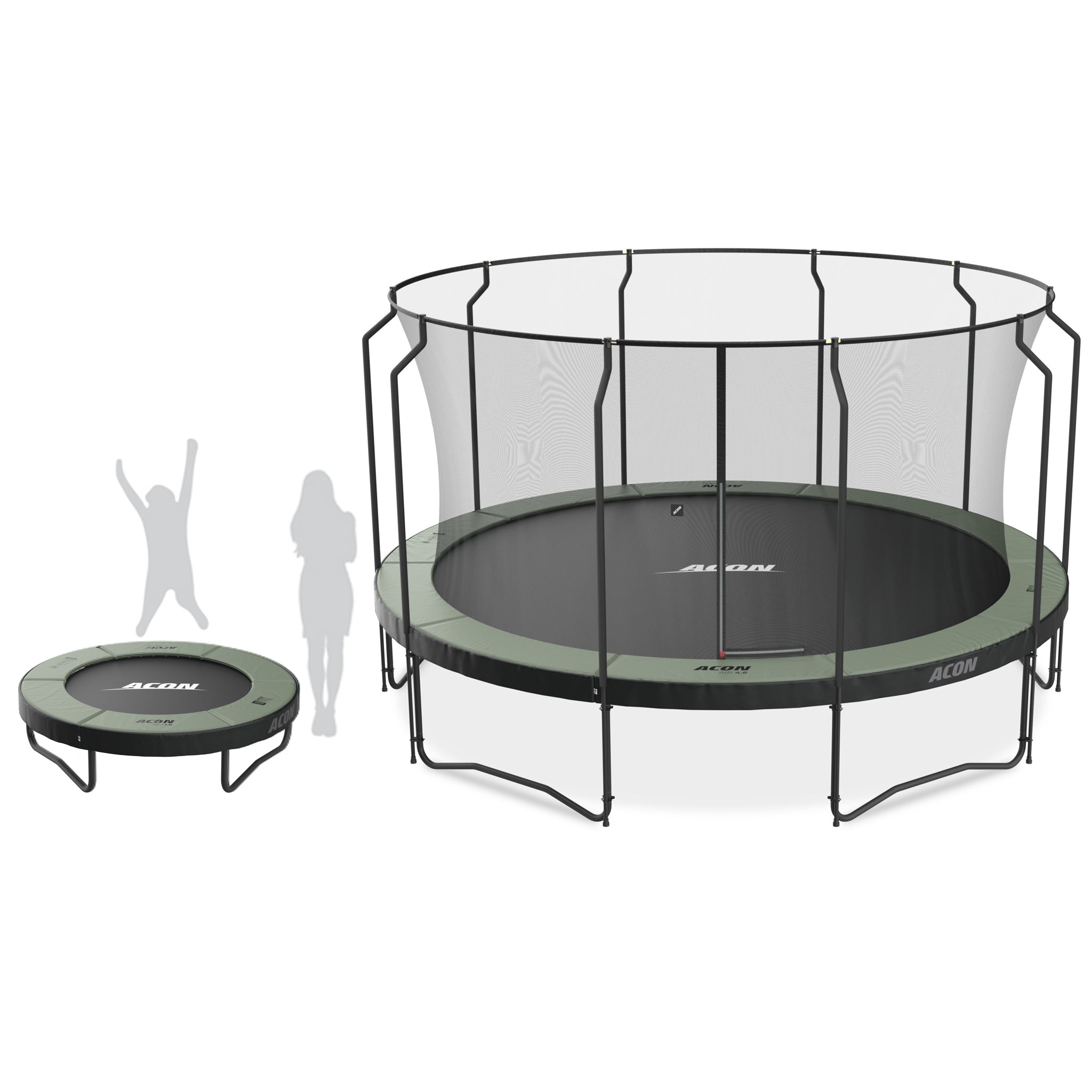 Round trampolines, small and big, in one image. There are also drafts of a child and an adult to visualize the two trampoline sizes.