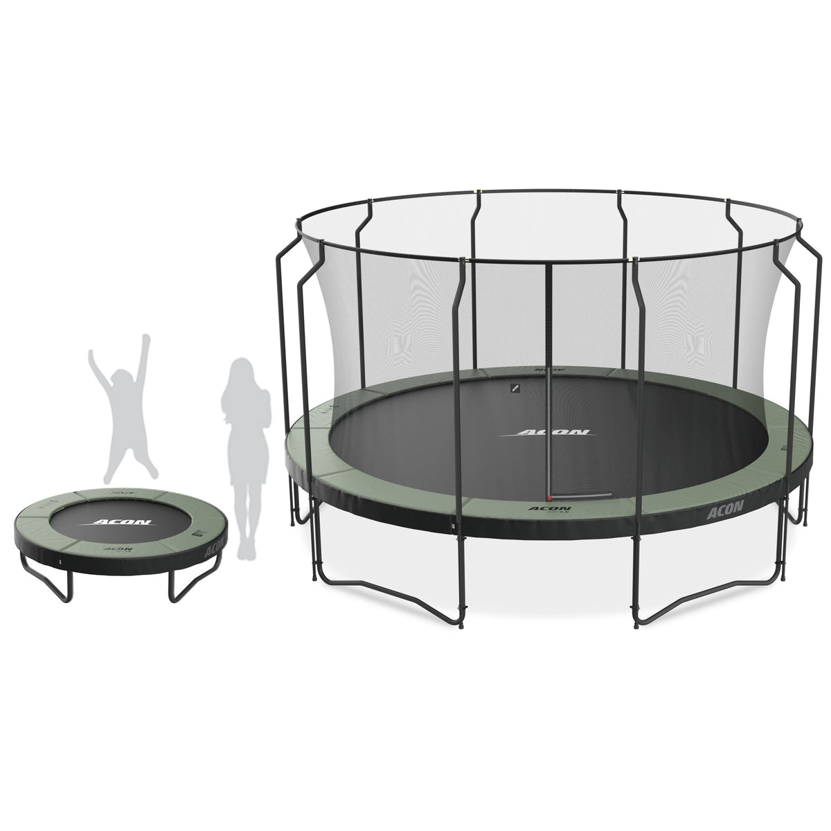 Small and large round trampolines with child and adult silhouettes for size comparison.