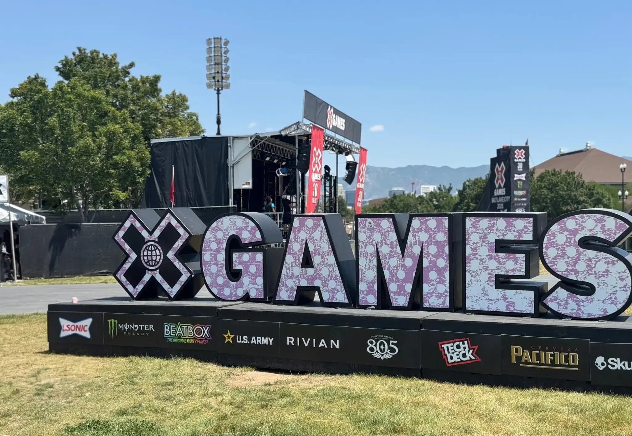 X Games Salt Lake City main sign with event stage and sponsor logos