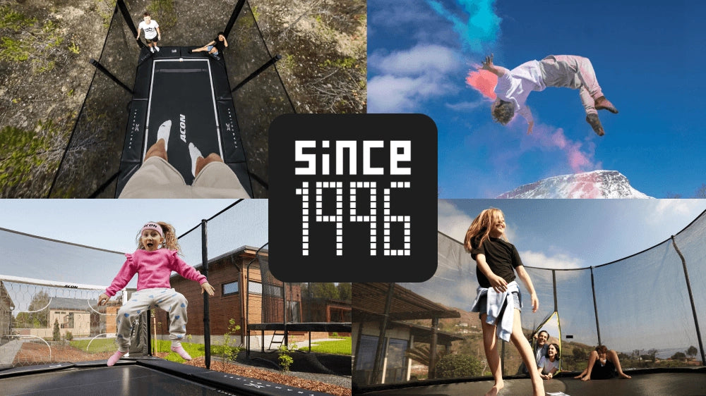 Collage of people jumping on Acon trampolines with a Since 1996 badge highlighting the brand's heritage.