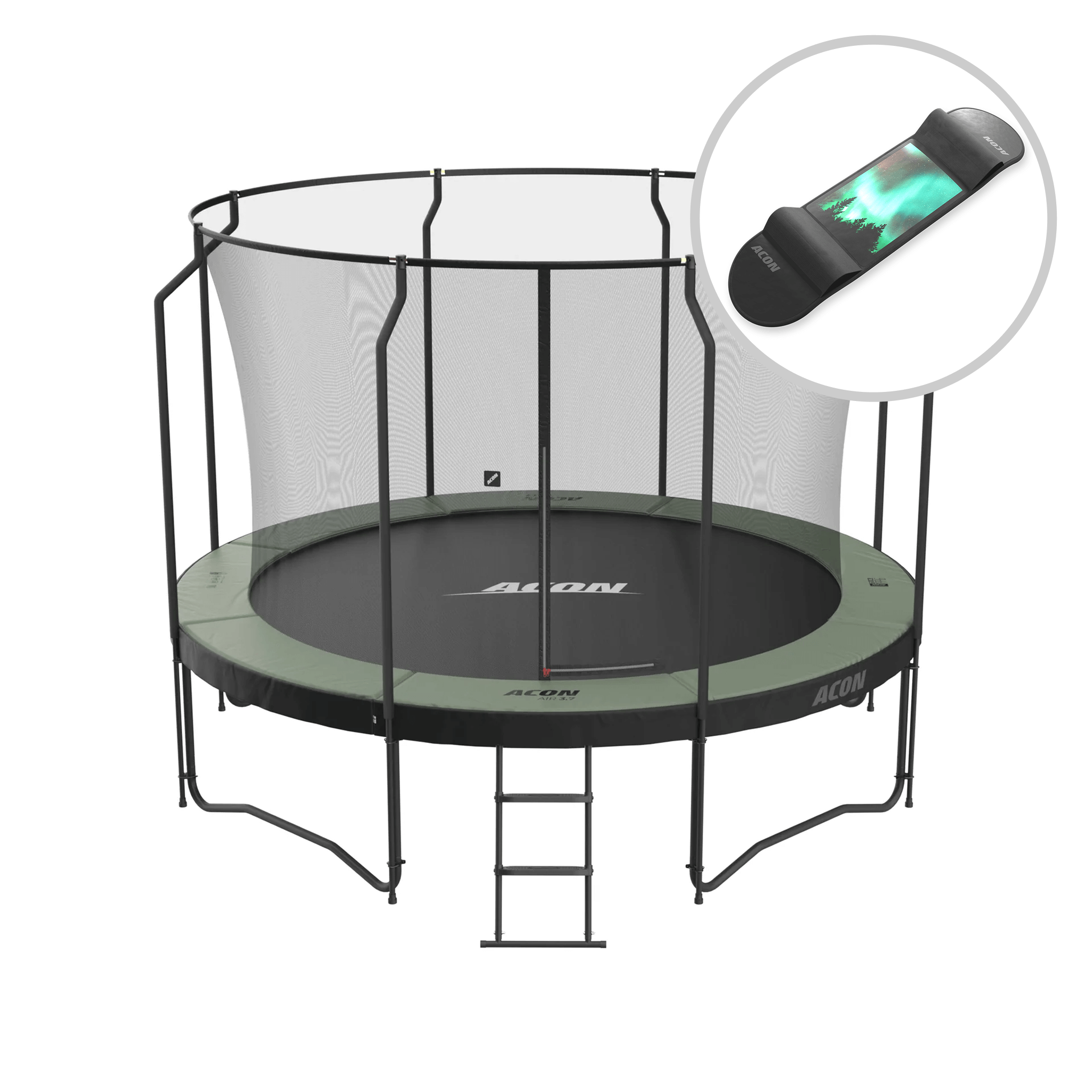 ACON Air 3,7m Trampoline with Premium Enclosure and ladder + Skateboard.