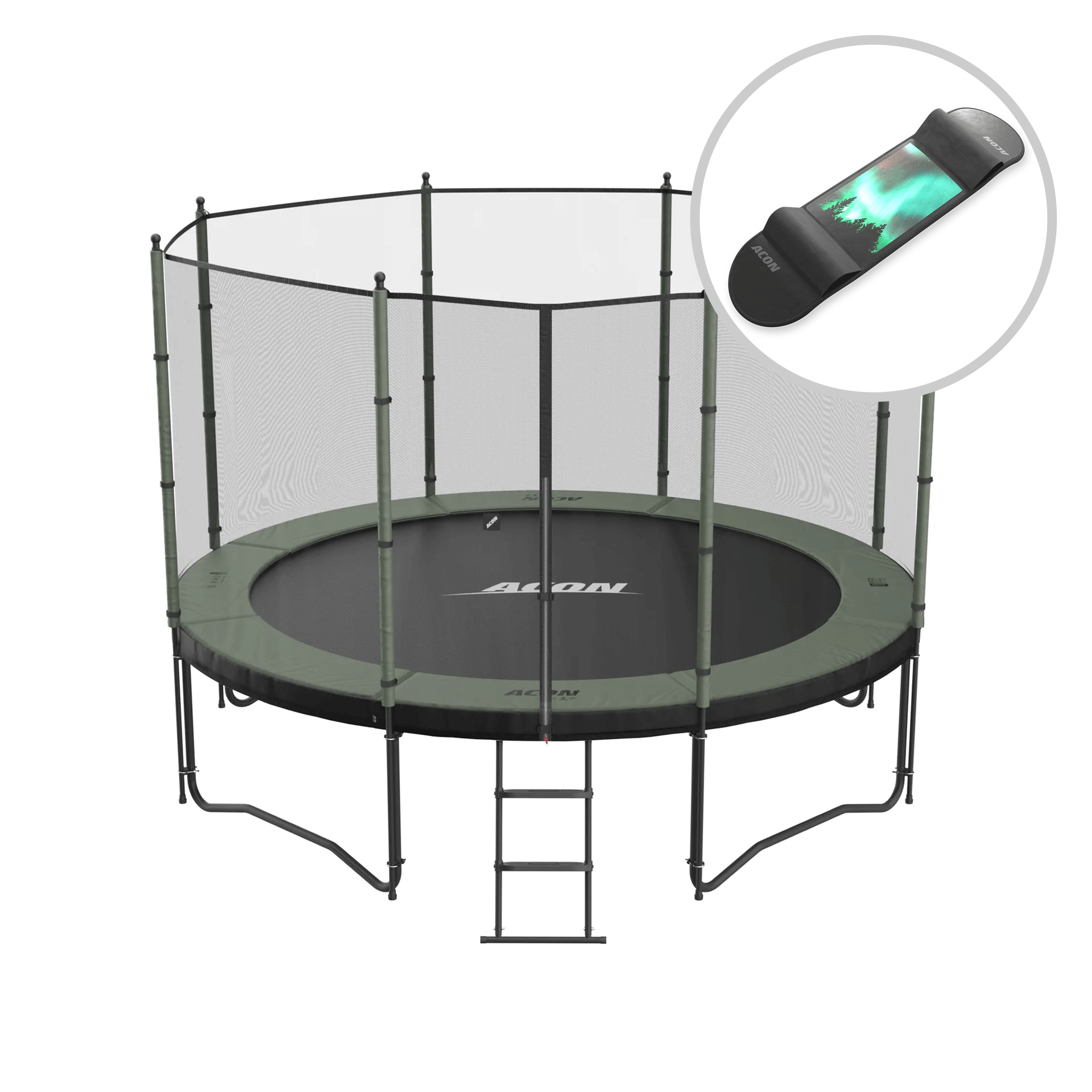 ACON Air 3,7m Trampoline with Standard Enclosure and ladder + Skateboard.