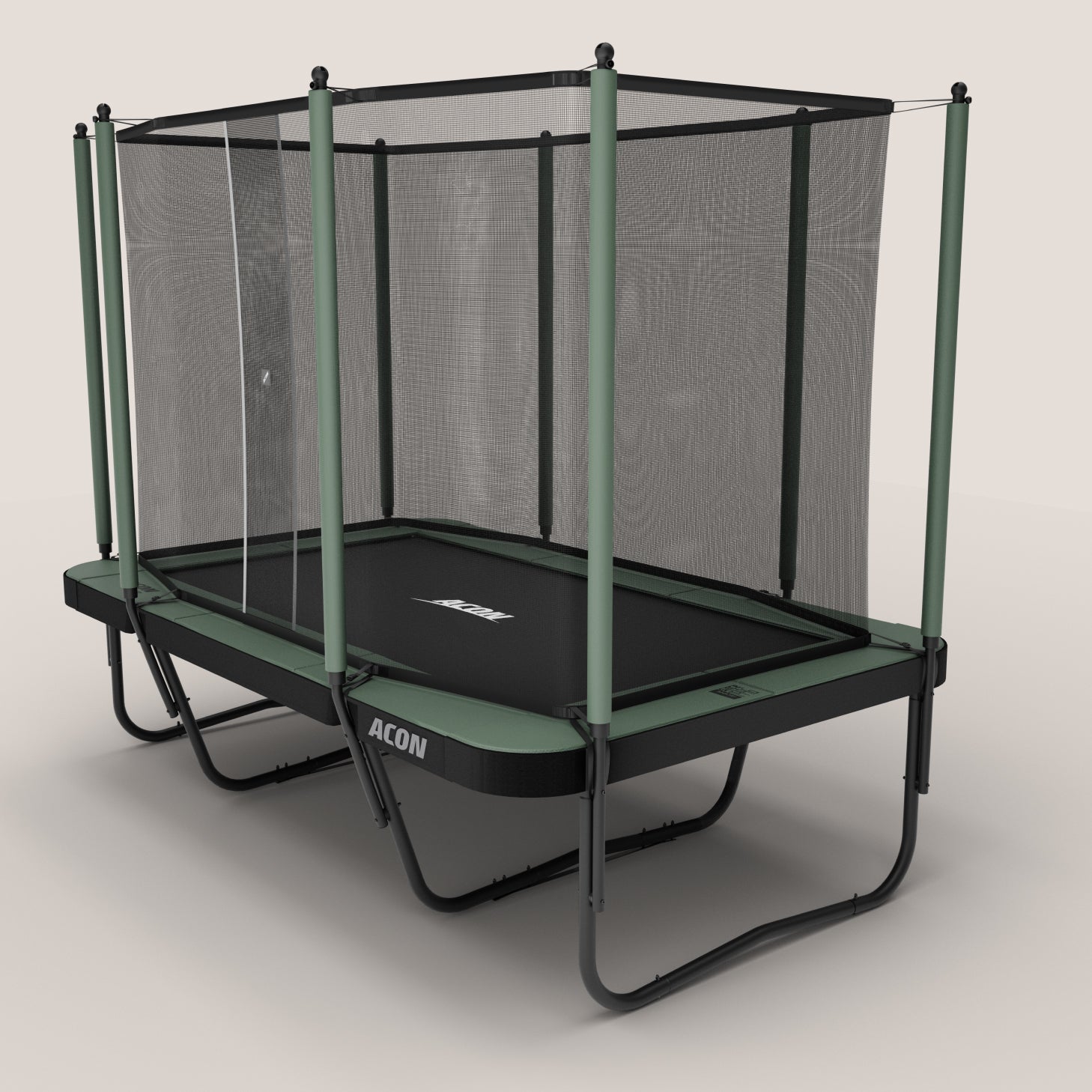 Acon Air 16 Sport HD Trampoline with net assembled on a beige background. The trampoline mat, frame and enclosure net are black and the padding for springs and poles are green 