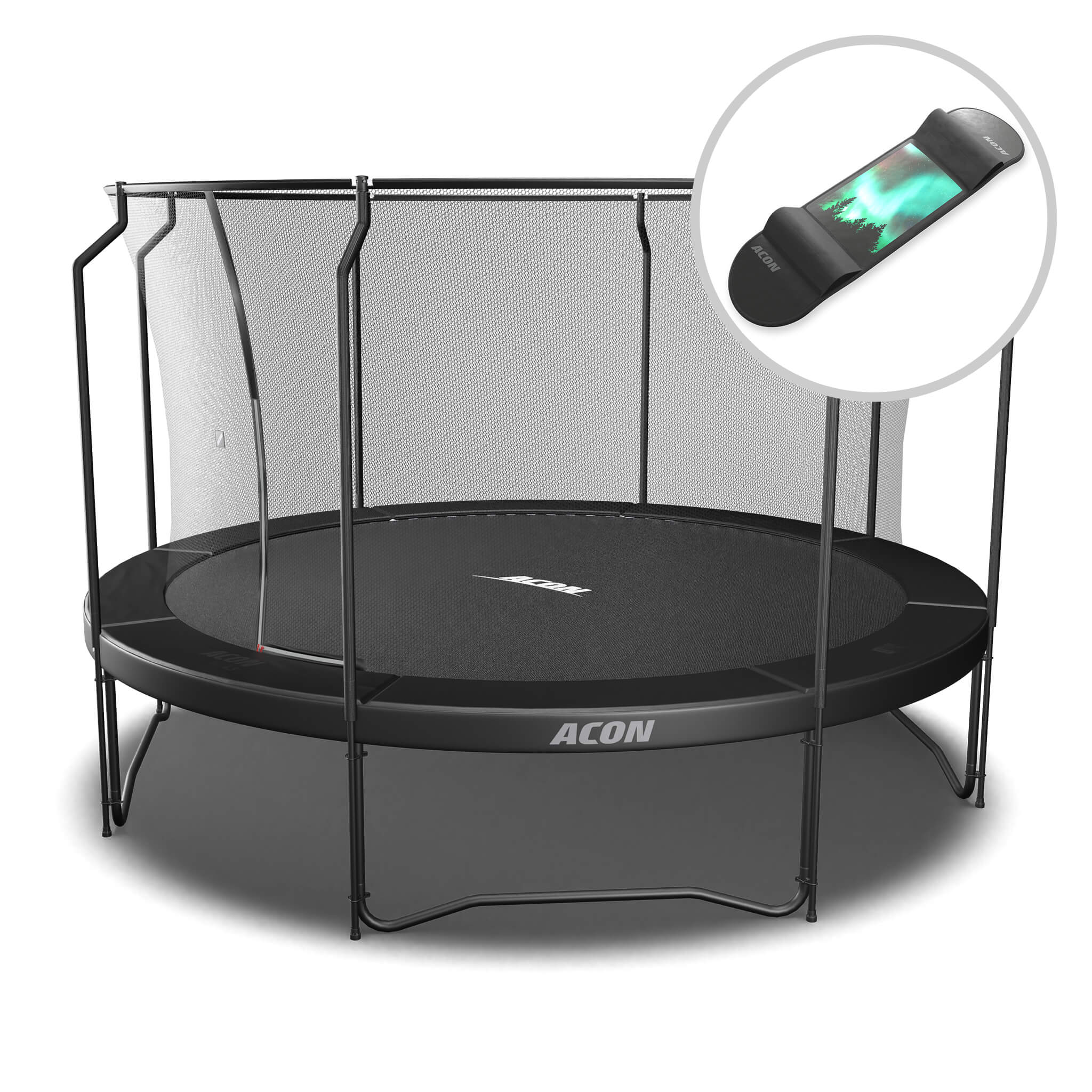 ACON Air 4,3m Trampoline with Premium Net, Black + skateboard.