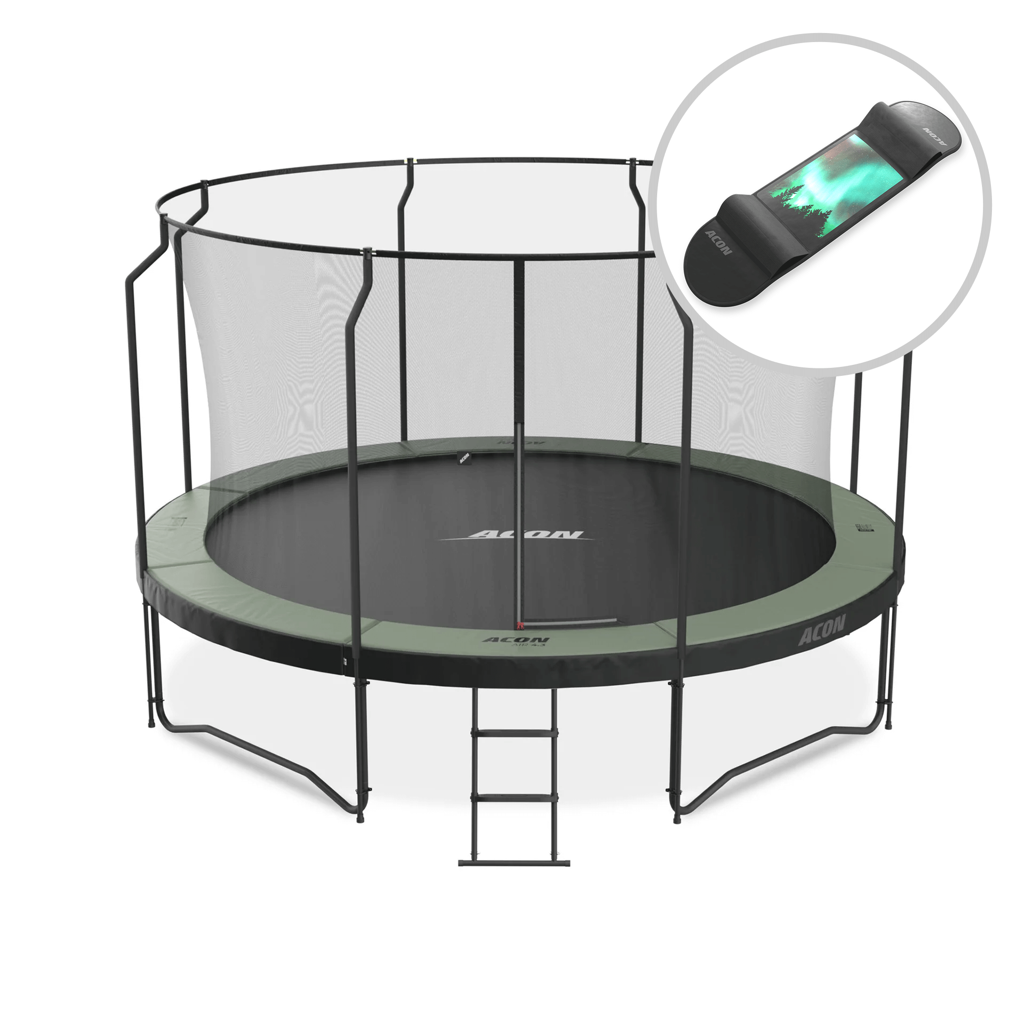 ACON Air 4,3m Trampoline with Premium Enclosure + Skateboard.
