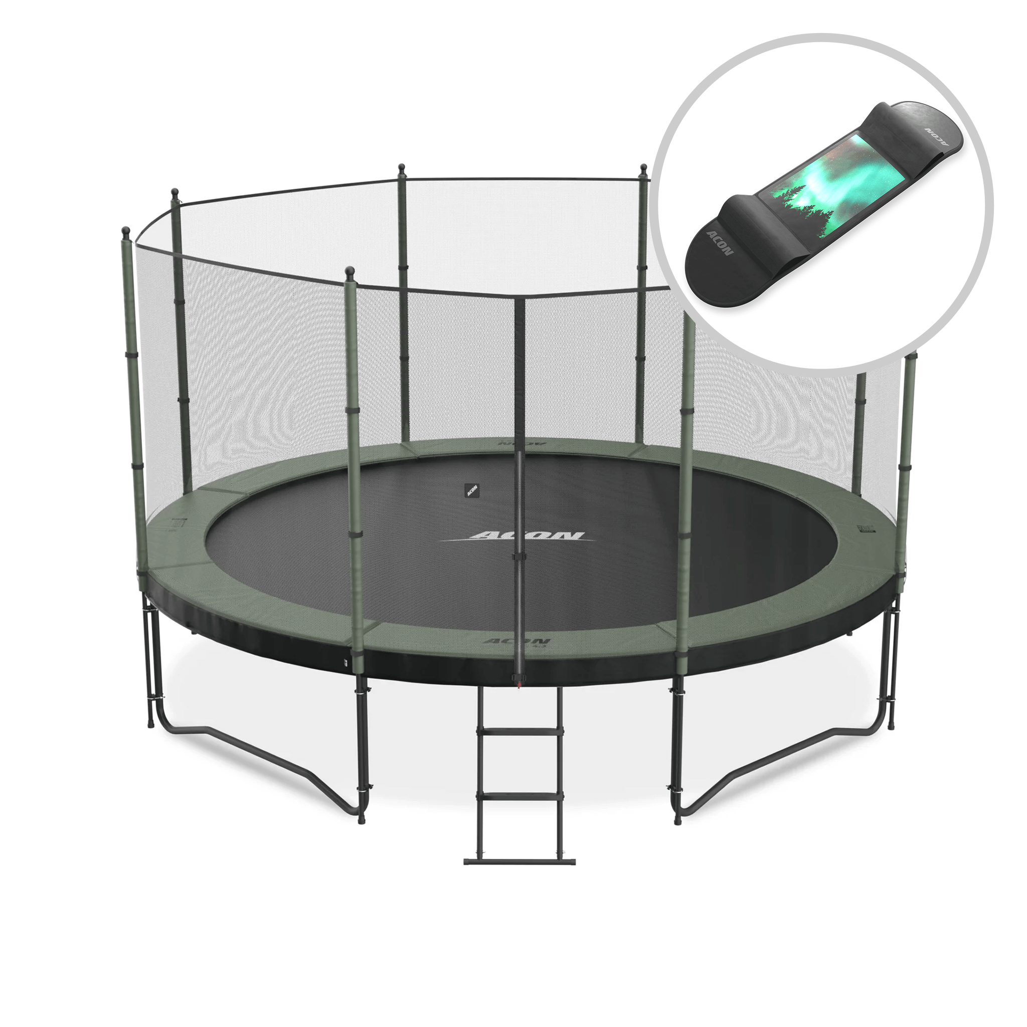 ACON Air 4,3m Trampoline with Standard Enclosure and ladder + Skateboard.