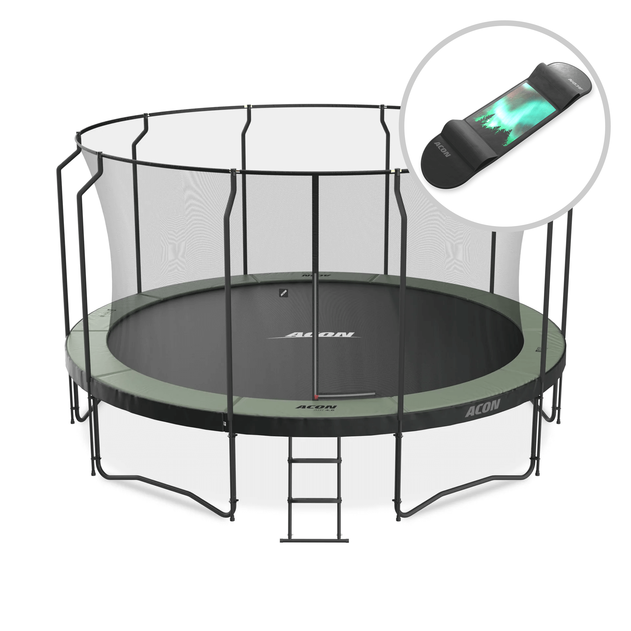 ACON Air 15ft Trampoline with Premium Enclosure and ladder + Skateboard.