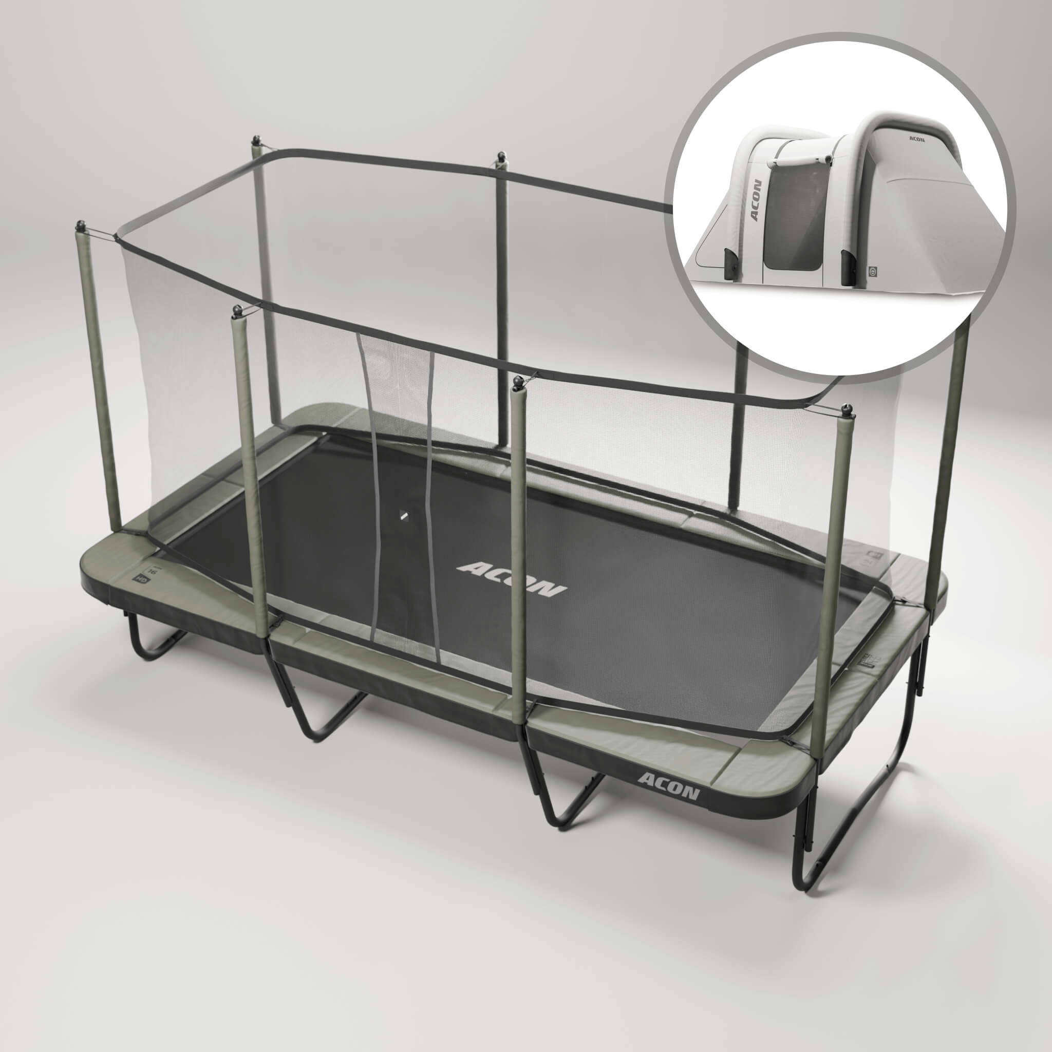 ACON 16 HD trampoline, safety net, and ladder.