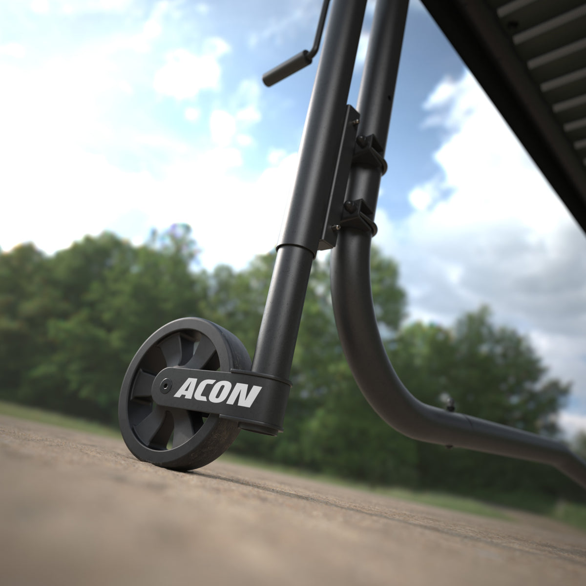 A focused image of Acon Trampoline Wheels engaged and ready to move.