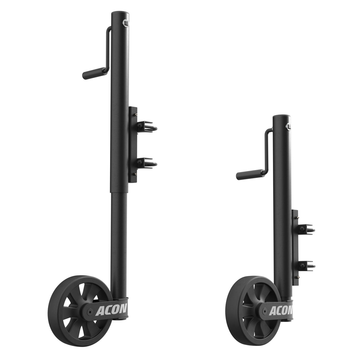 A product image comparison of Acon Trampoline Wheels, the left image Trampoline Wheels in its highest, lifted position and the right image is of the Trampoline Wheels is in its lowest position, against a white background.