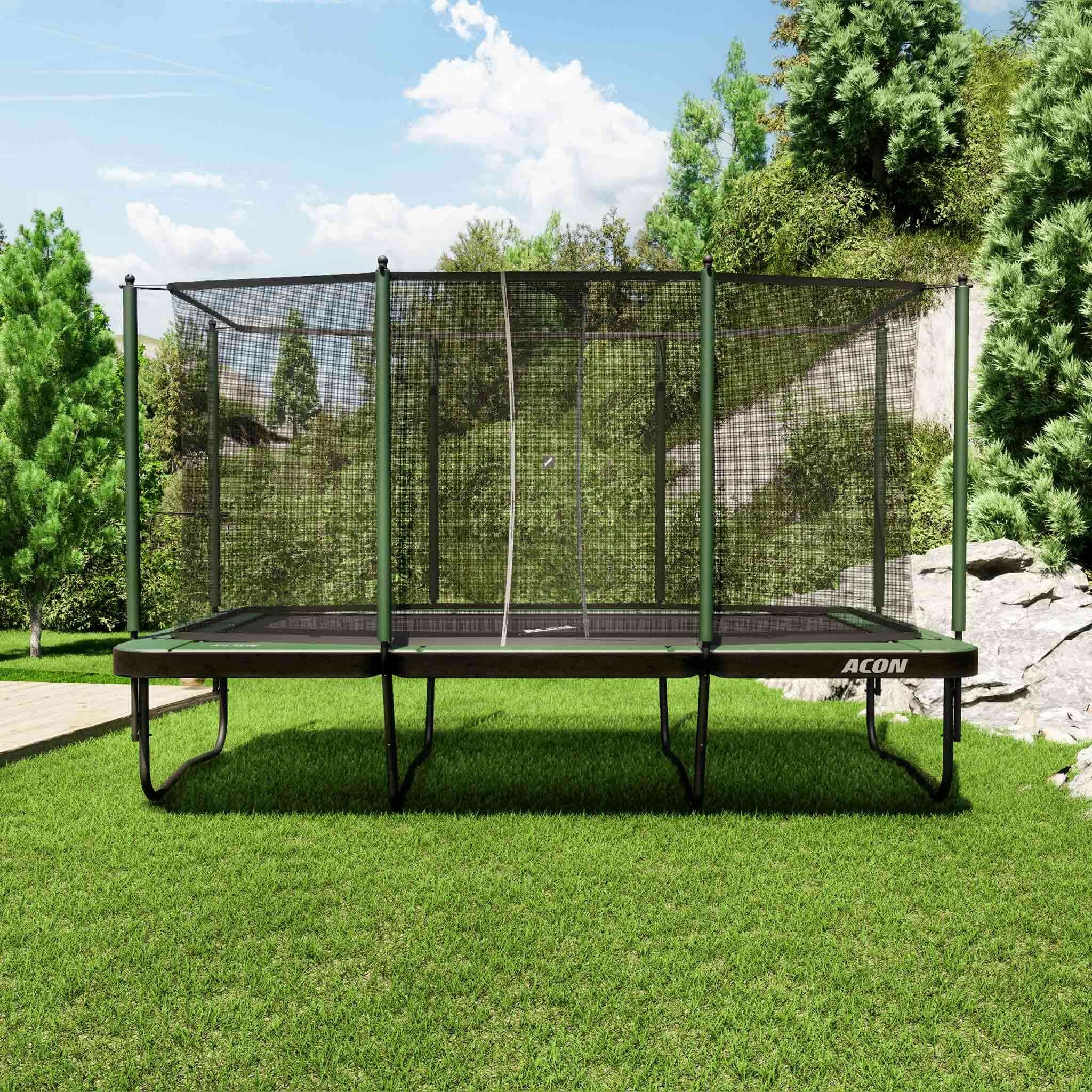 Acon Air 16 Sport HD Rectangular Trampoline with Net and Ladder on lawn.