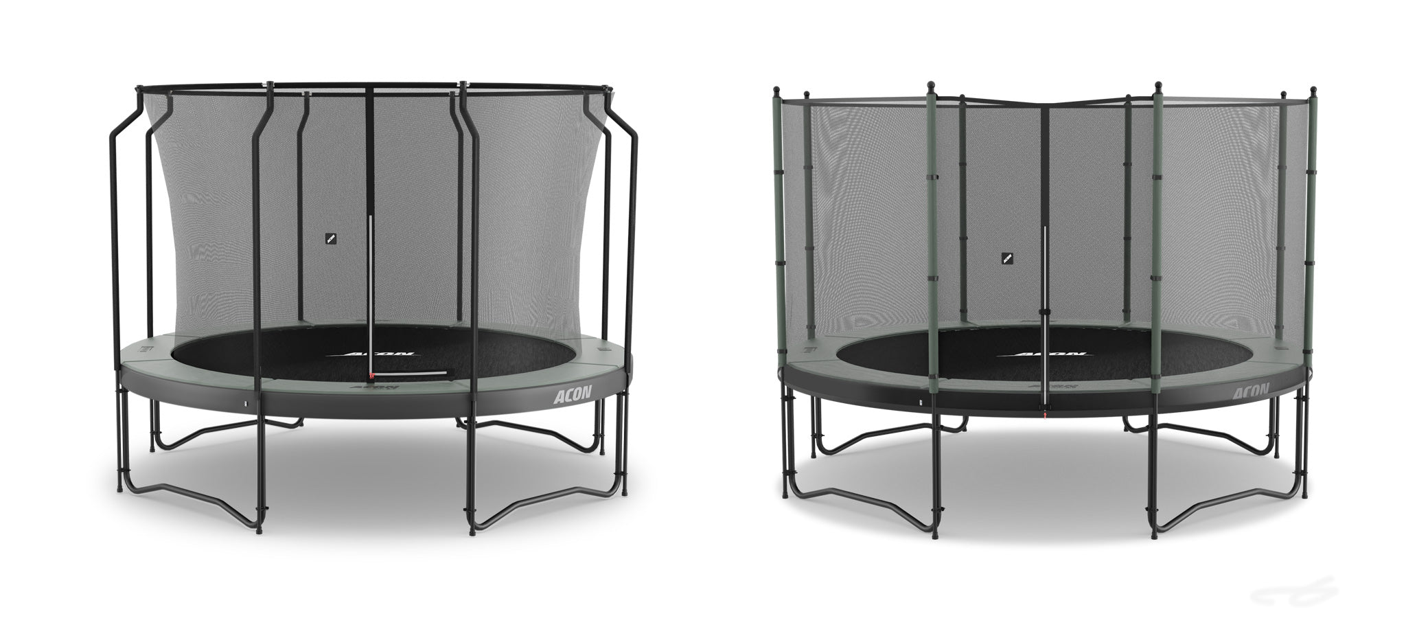 Two 3,7m round trampolines with enclosures. One has a premium trampoline enclosure and the other has a standard one. The premium enclosure is installed inside the springs