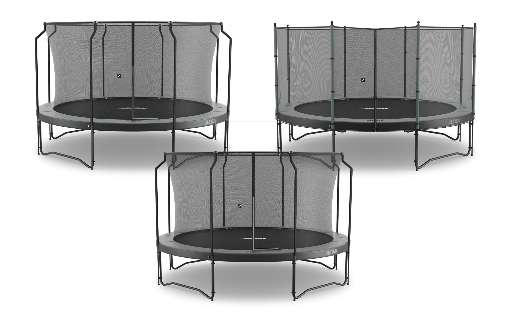 Three 4,3m round trampolines with enclosures on a white background. The trampolines are by ACON