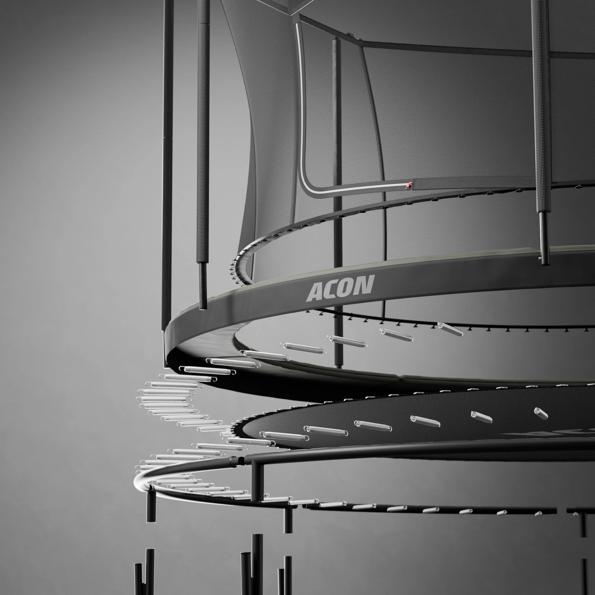 Exploded illustration of the Acon 4.3m trampoline with all parts separated, highlighting key components of one of the best 4.3m trampolines and the full structure of a 4.3m round trampoline.