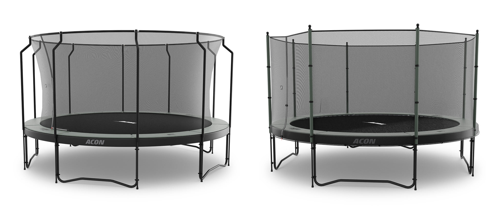Two ACON 4,6m trampolines with net on a white background. The left trampoline is assembled with a premium enclosure that is assembled inside the springs. The right trampoline has a standard enclosure