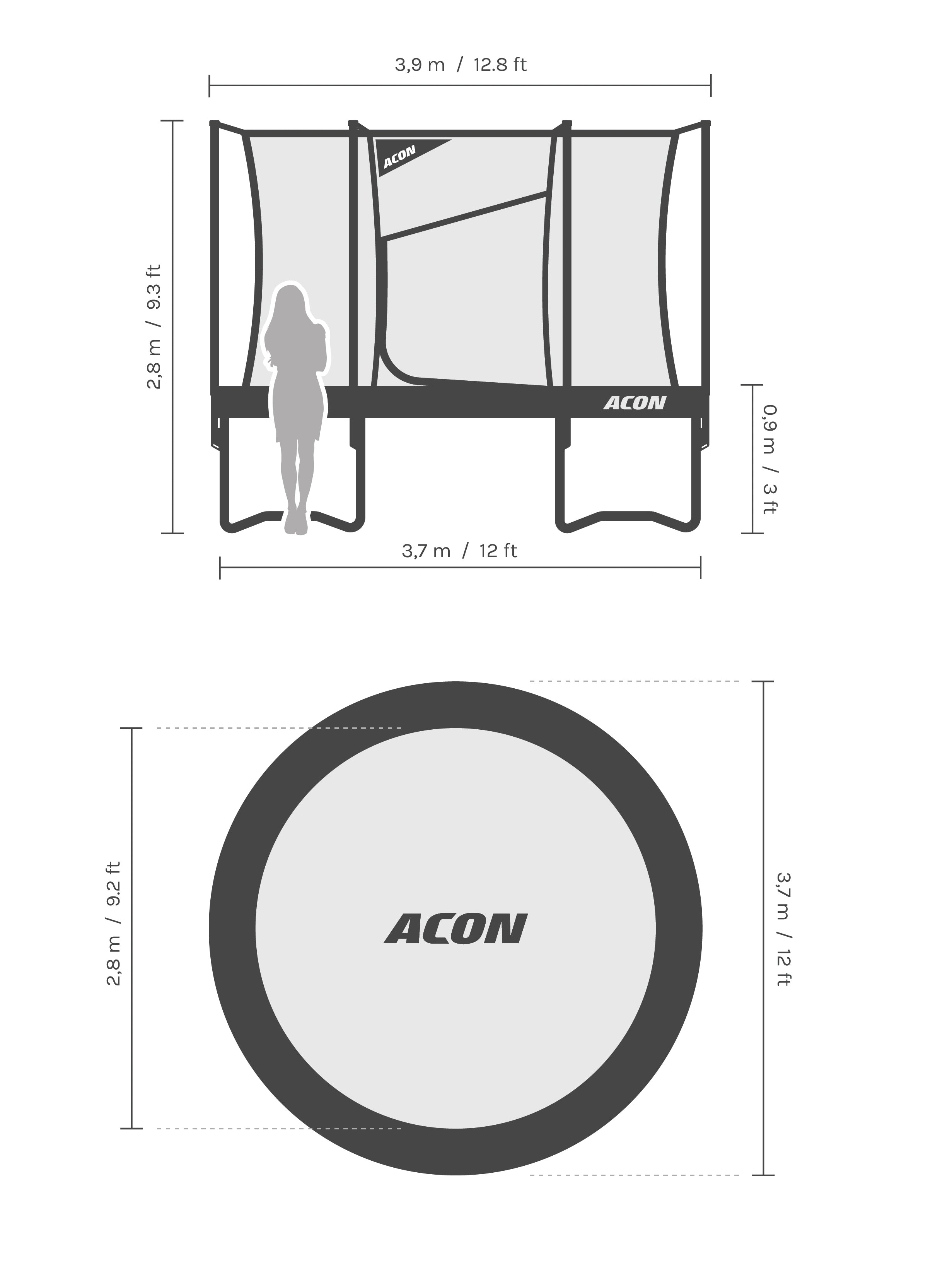 Dimensions and proportions of the Acon Air 3,7 m (12ft) trampoline.