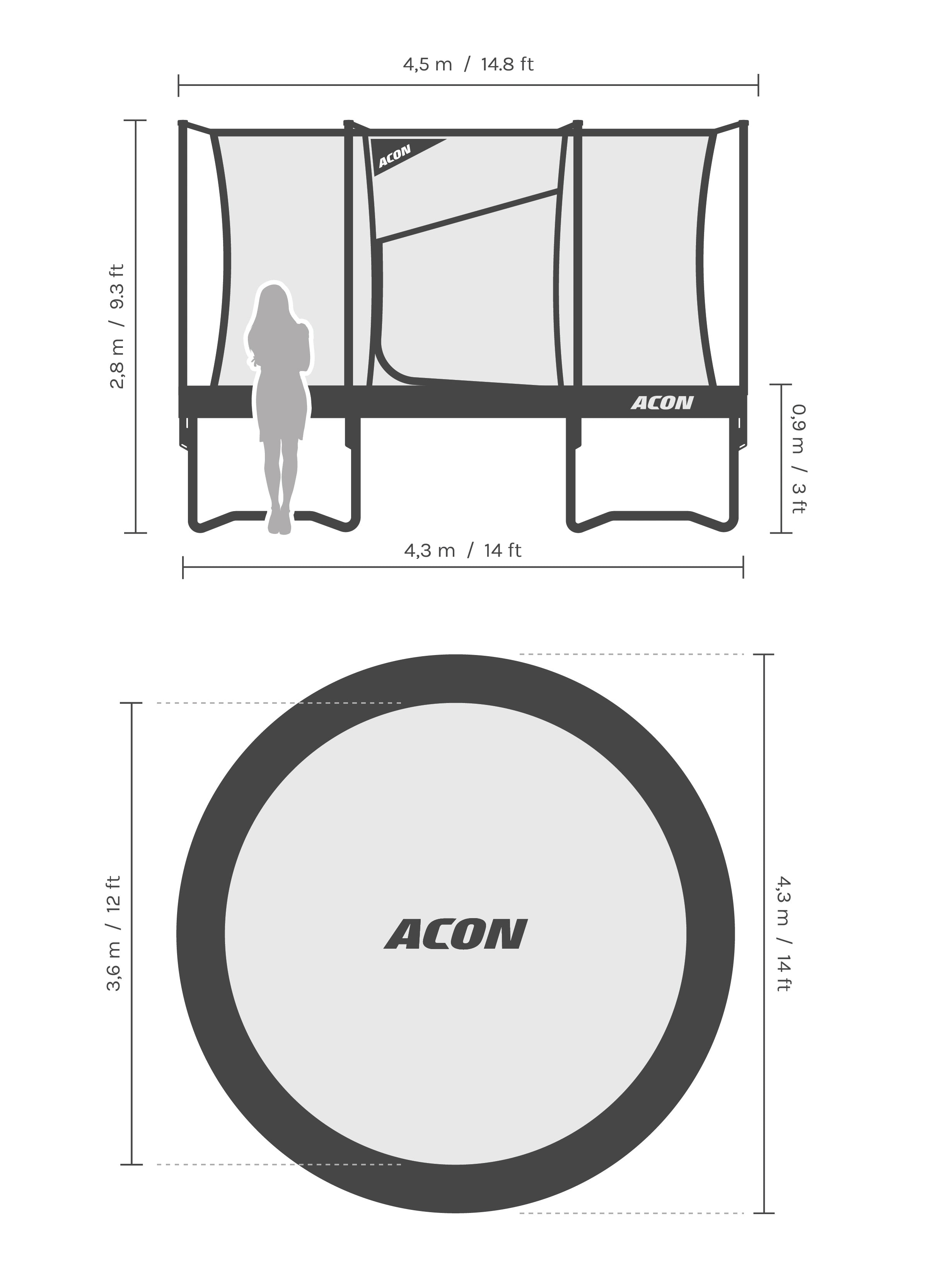 Dimensions and proportions of the Acon Air 4,3 m (14ft) trampoline.