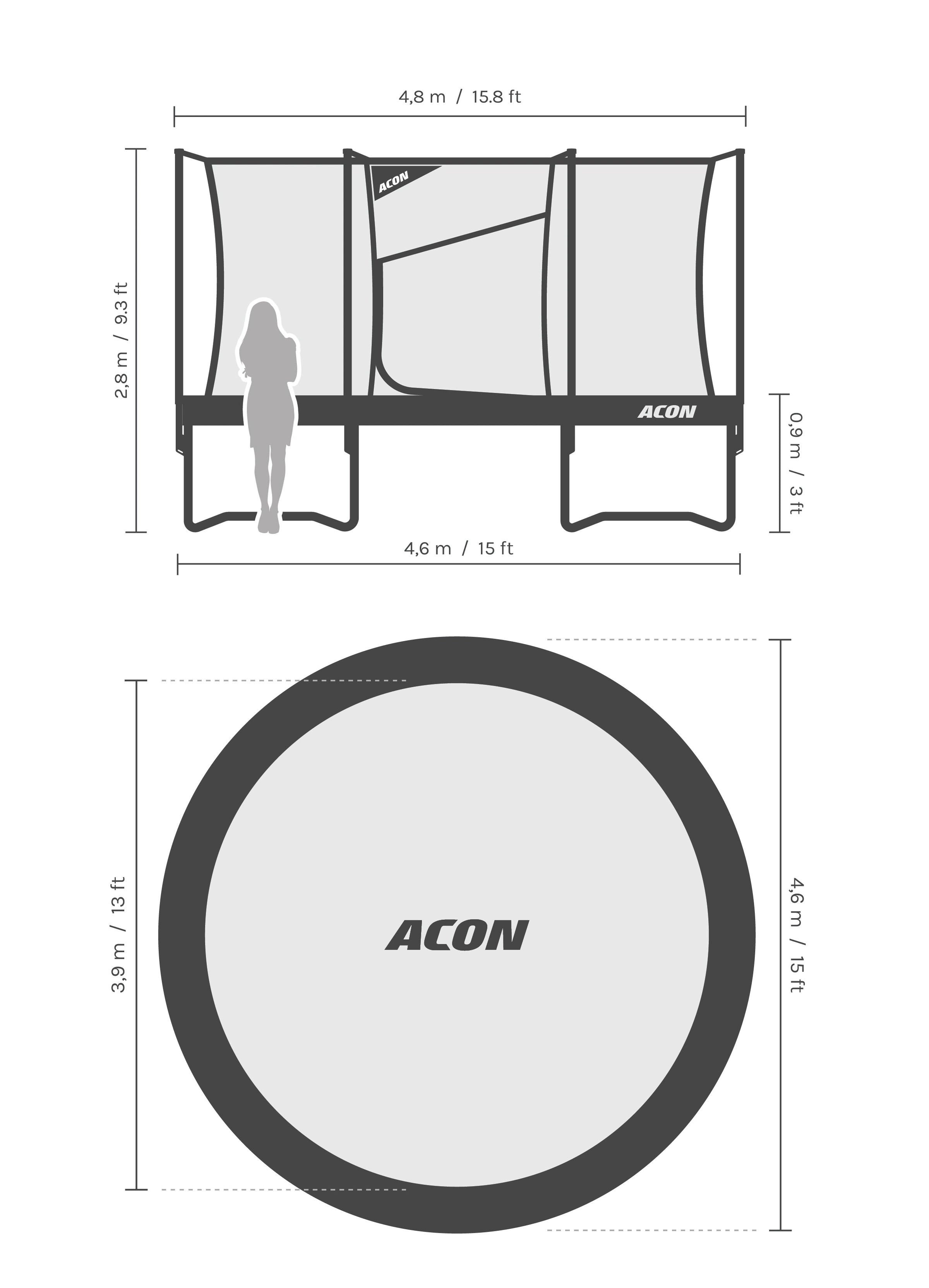 Dimensions and proportions of the Acon Air 4,6 m (15ft) trampoline.