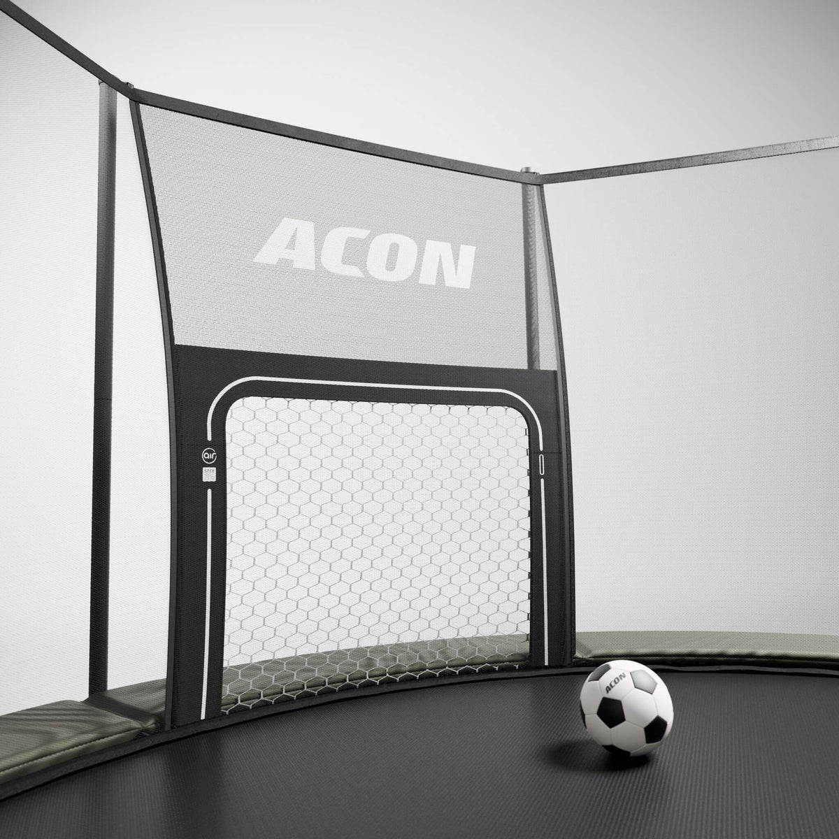 ACON Air Football Goal Panel installed on an ACON Air Round trampoline on grey background.