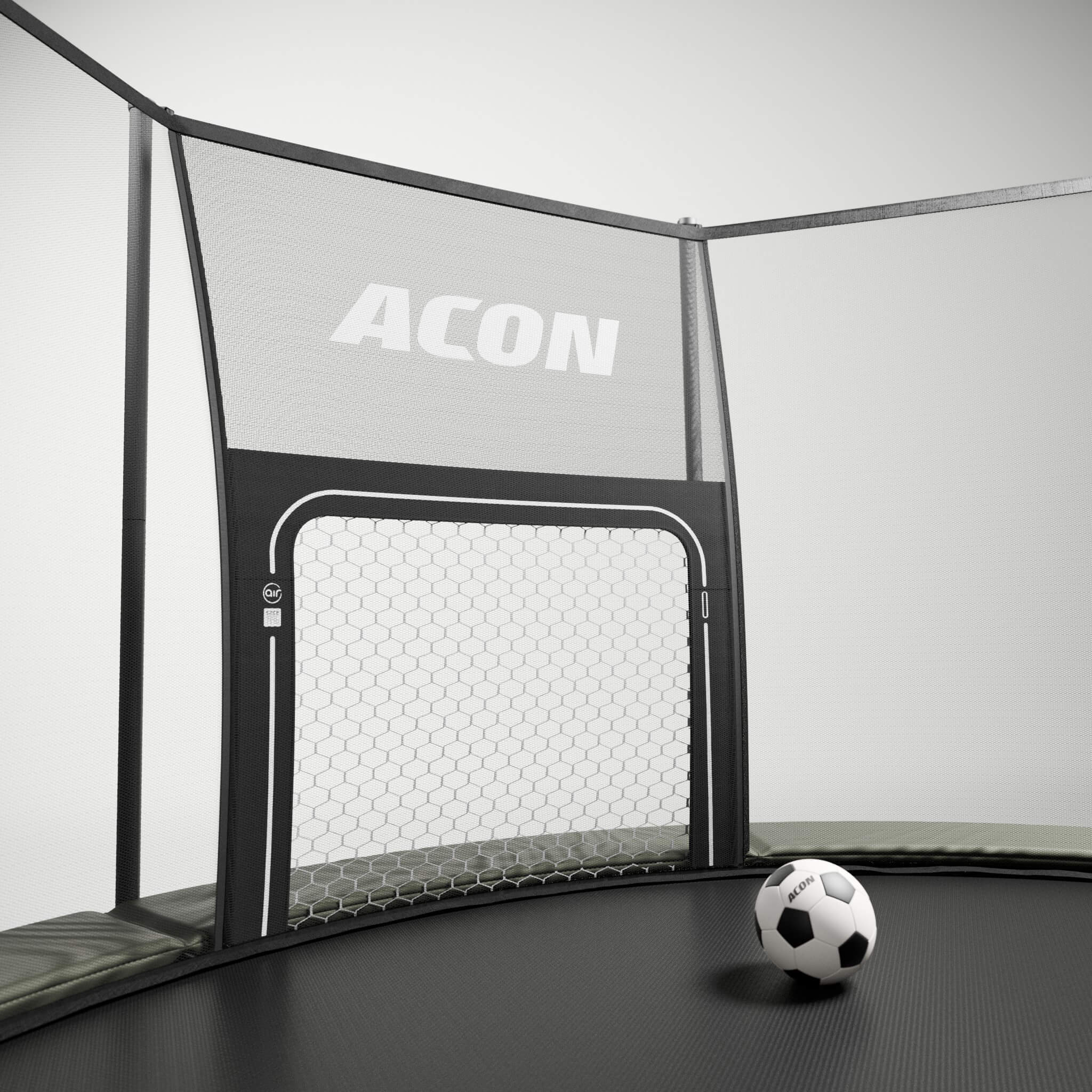 ACON Air Football Goal Panel installed on an ACON Air Round trampoline on grey background.