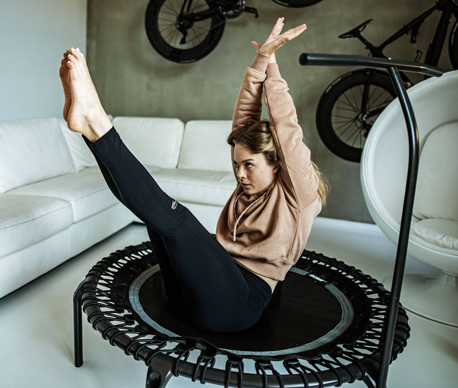 Jack Knife Crunch on a fitness rebounder - video still image.