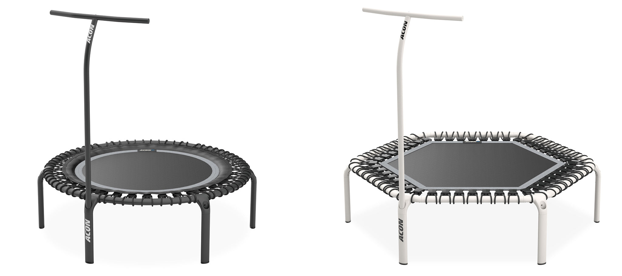 Two fitness trampolines by ACON with handle bar. The one on left is black and the one on right is white