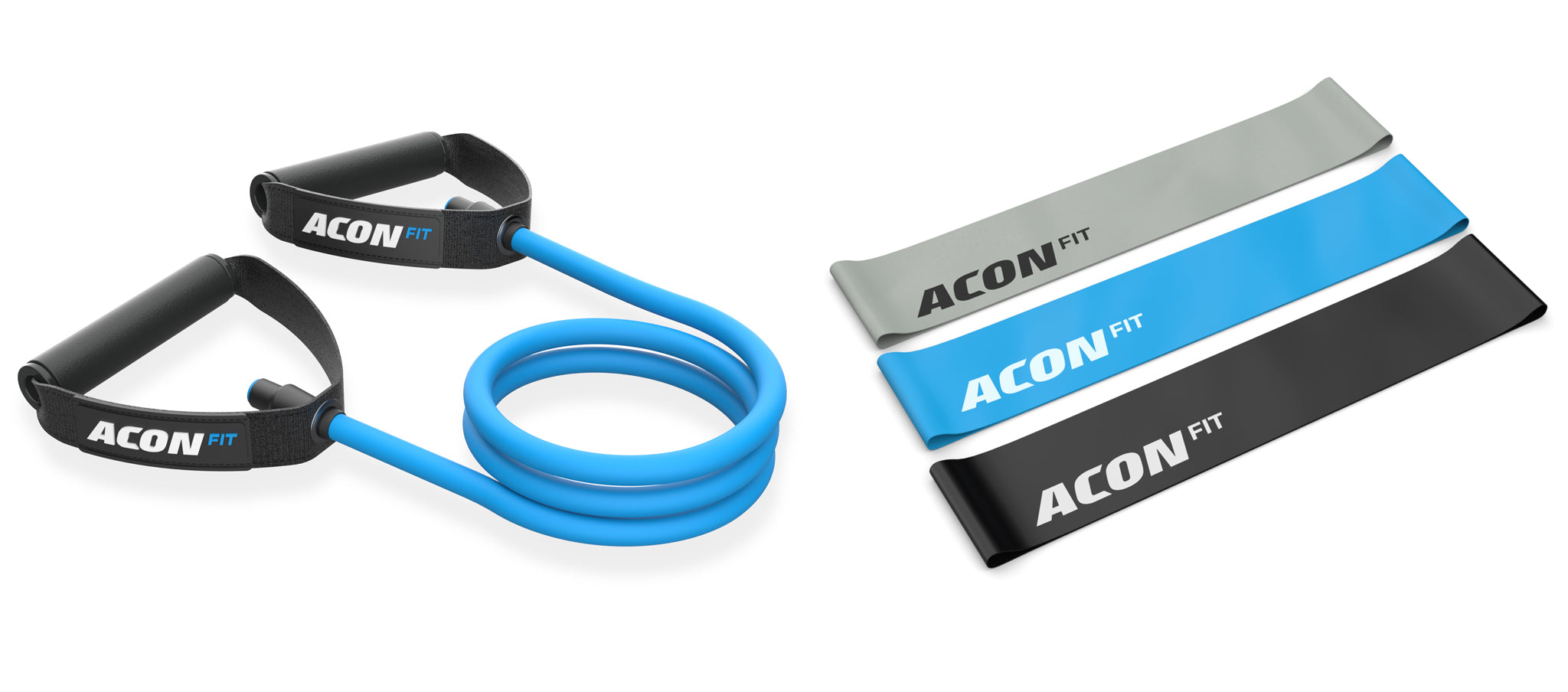 Two types of resistance bands by ACON. The resistance band on the left is blue and it has black handles. The three basic resistance bands on the right are grey, blue and black 