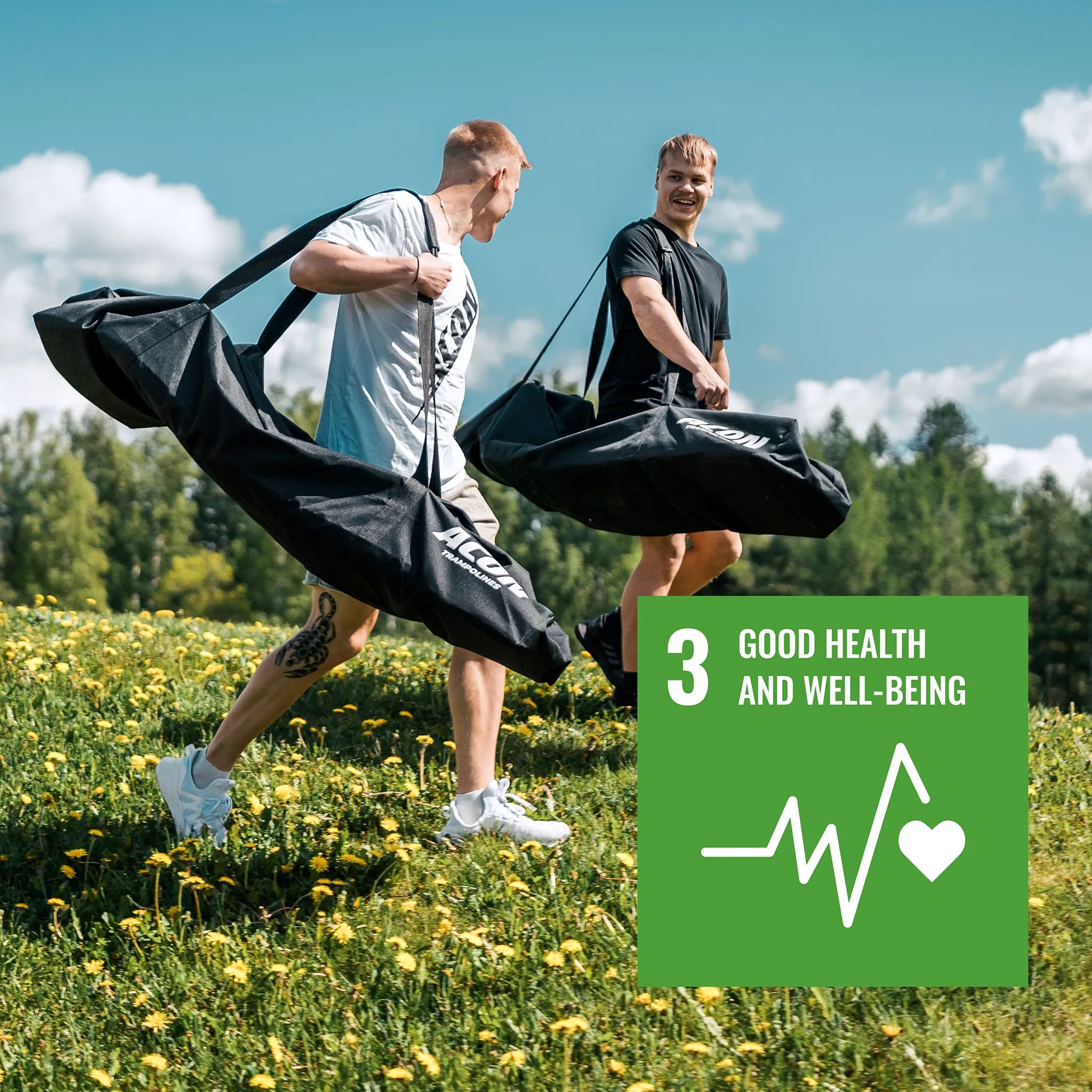 Two men are walking on the grass with Acon bags on their shoulders. The image features the UN sustainability mark 3 - Good Health and Well-Being.