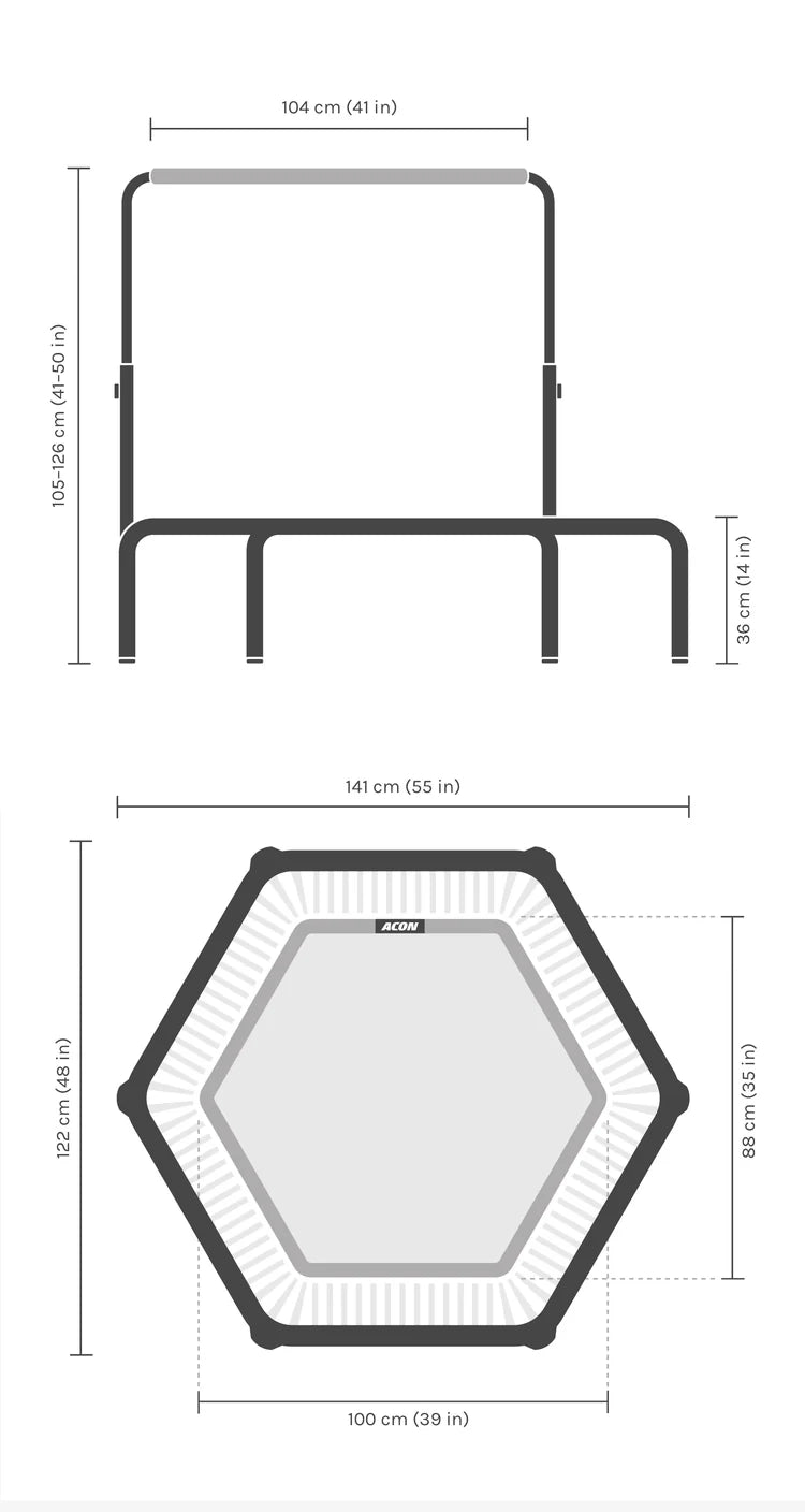 Dimensions of the hexagonal Acon FIT Balance trampoline.
