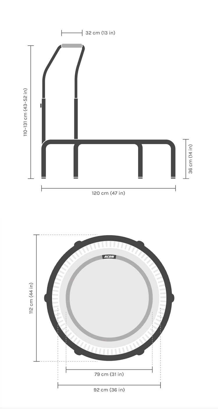Dimensions of the round Acon FIT Active trampoline.