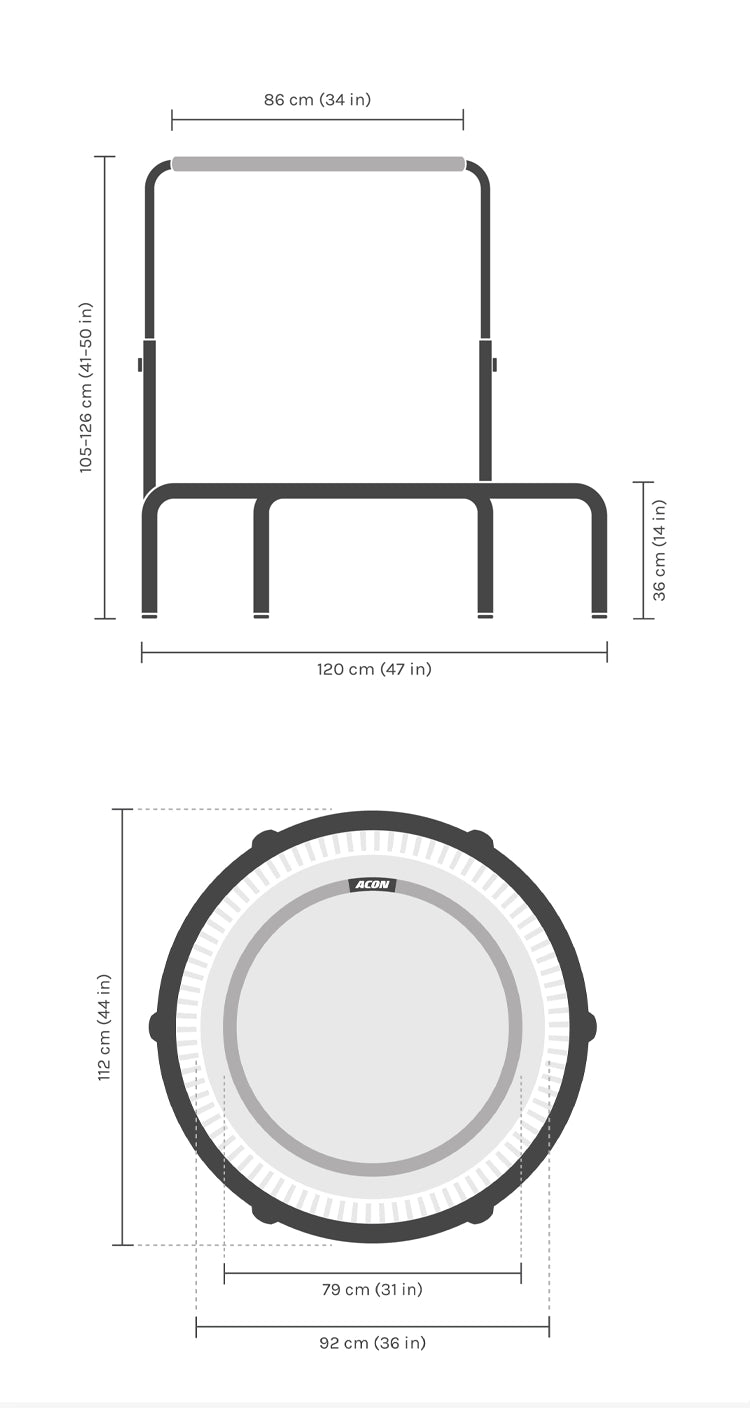 Dimensions of the round Acon FIT Balance trampoline.