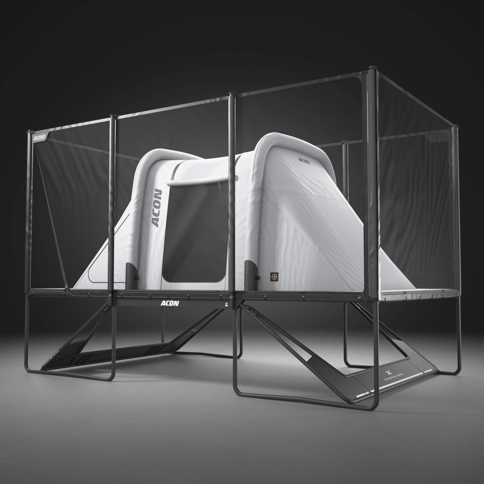 A trampoline tent for rectangle trampoline set up on an Acon X 17ft trampoline, featured against a dark gray background.