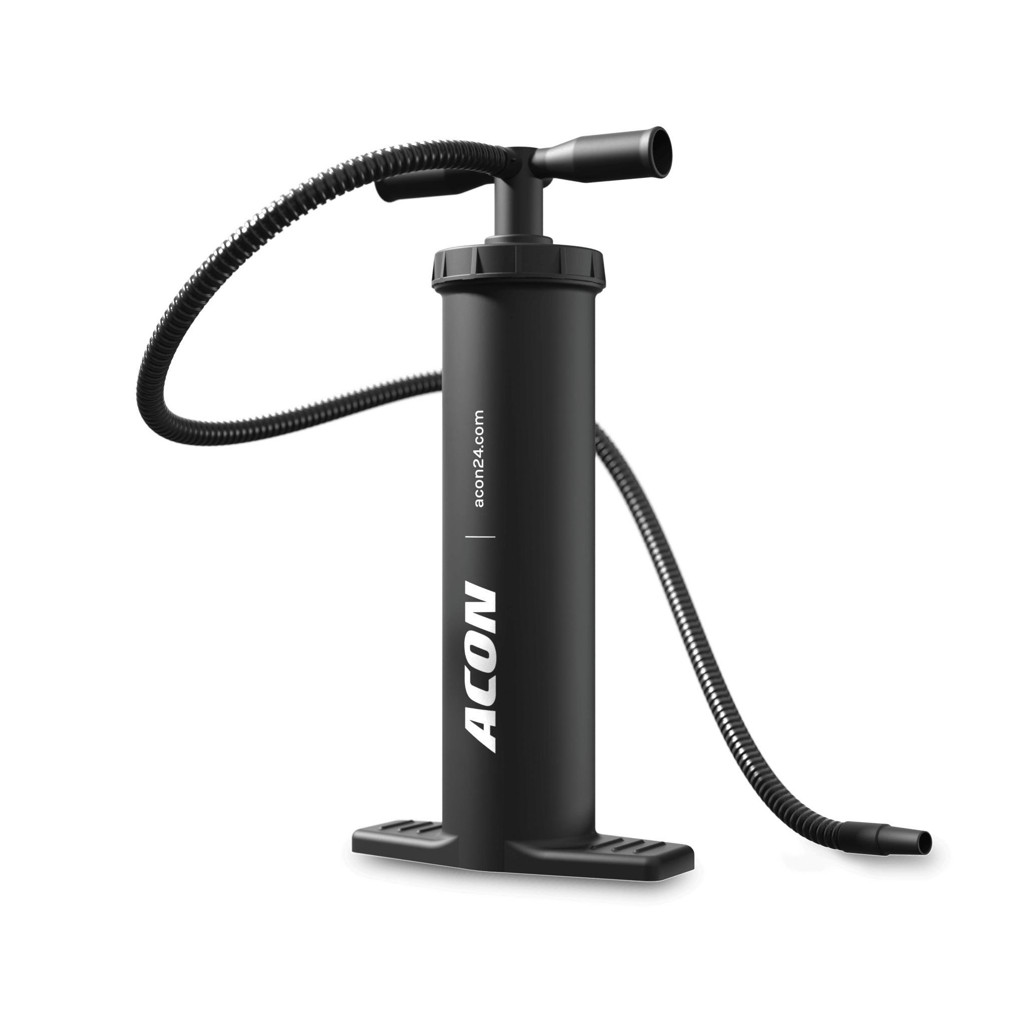 Black Acon air pump for inflating a rectangular trampoline tent. The pump features a flexible hose and ergonomic handle designed for efficient inflating.