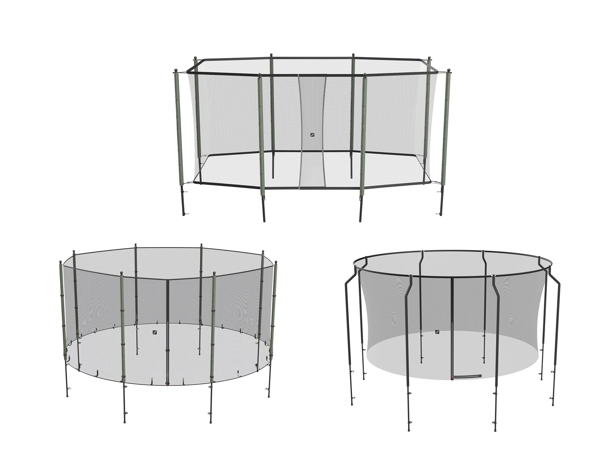 Acon Trampoline enclosures: Rectangular HD, Round Standard and Premium