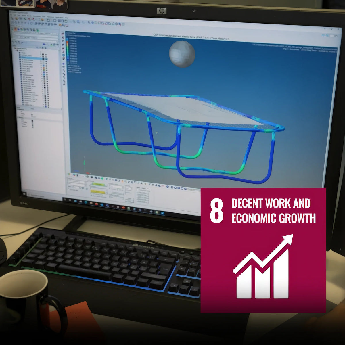 Working at Acon - designing, testing, storing. On the image is the UN sustainability mark 8 - Decent Work and Economic Growth.
