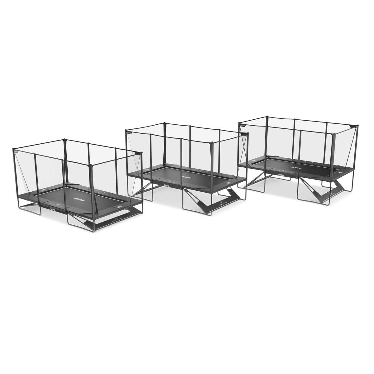 Three Acon X Trampolines installed to different heights with the Height Kit, seen from above.